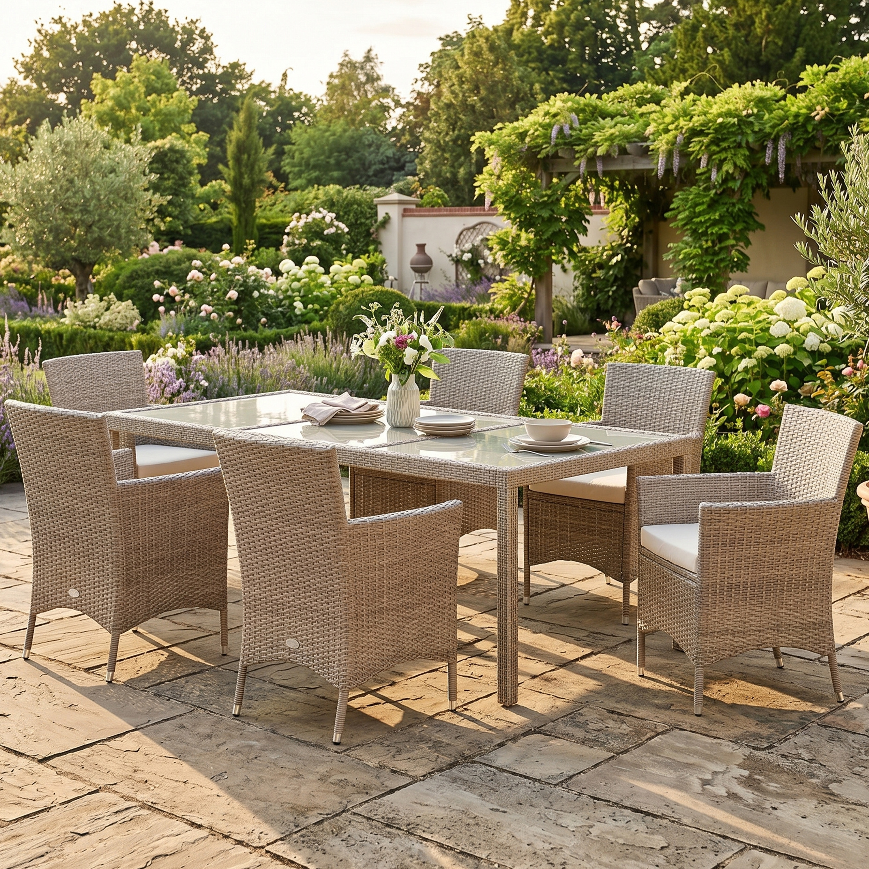 Polyrattan Garten-Sitzgruppe 7-tlg Creme/Creme