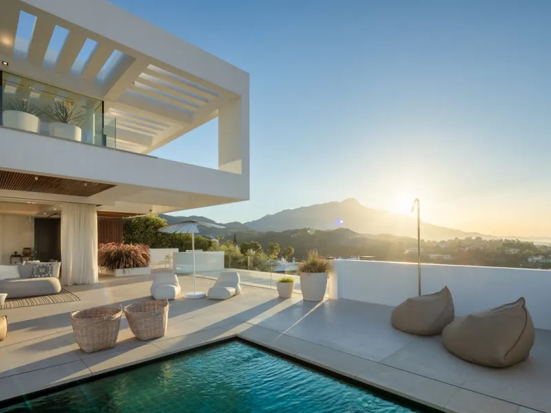 Nestled in the serene enclave of La Quinta, this contemporary villa, built in 2021, is designed to capture the essence of luxury living. South-facing, it offers stunning, sweeping views from the impressive La Concha Mountain to the Mediterranean Sea and e