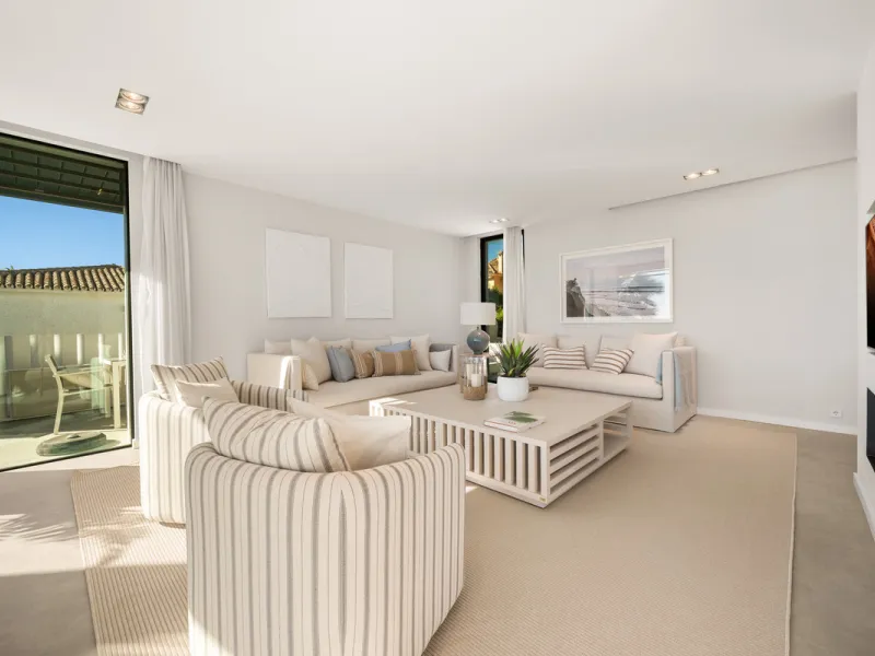 Boasting of panoramic sea views, a contemporary showpiece villa sitting in a privileged beachfront position in the New Golden Mile, surrounded by an expansive private garden with a large private swimming pool. The ideal family estate offering a dynamic ou