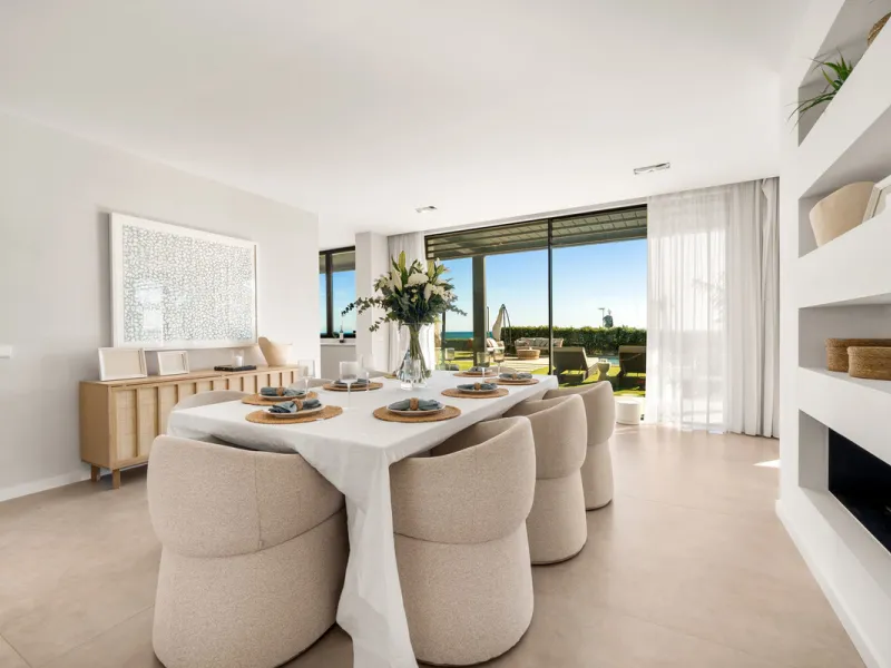 Boasting of panoramic sea views, a contemporary showpiece villa sitting in a privileged beachfront position in the New Golden Mile, surrounded by an expansive private garden with a large private swimming pool. The ideal family estate offering a dynamic ou