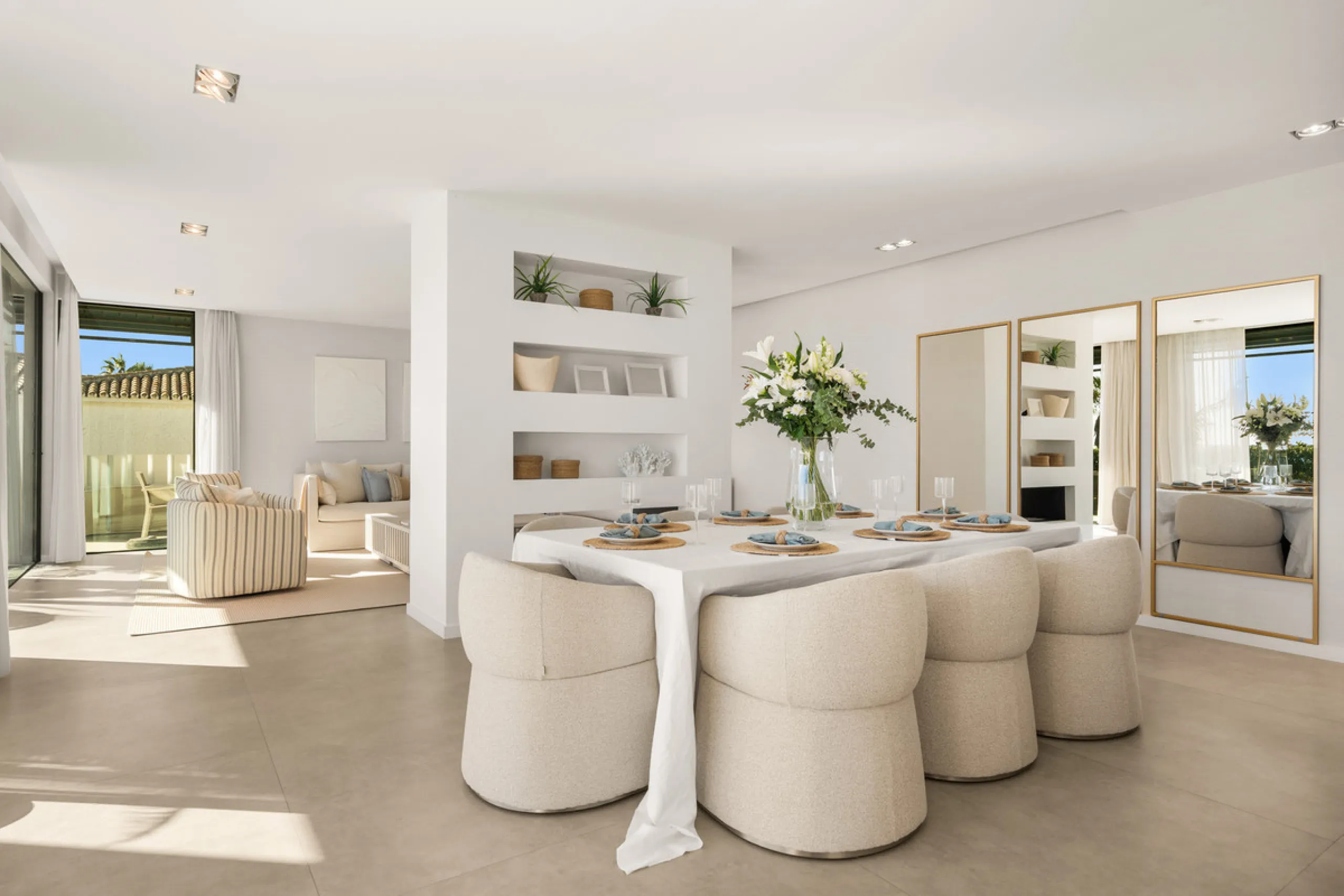 Boasting of panoramic sea views, a contemporary showpiece villa sitting in a privileged beachfront position in the New Golden Mile, surrounded by an expansive private garden with a large private swimming pool. The ideal family estate offering a dynamic ou