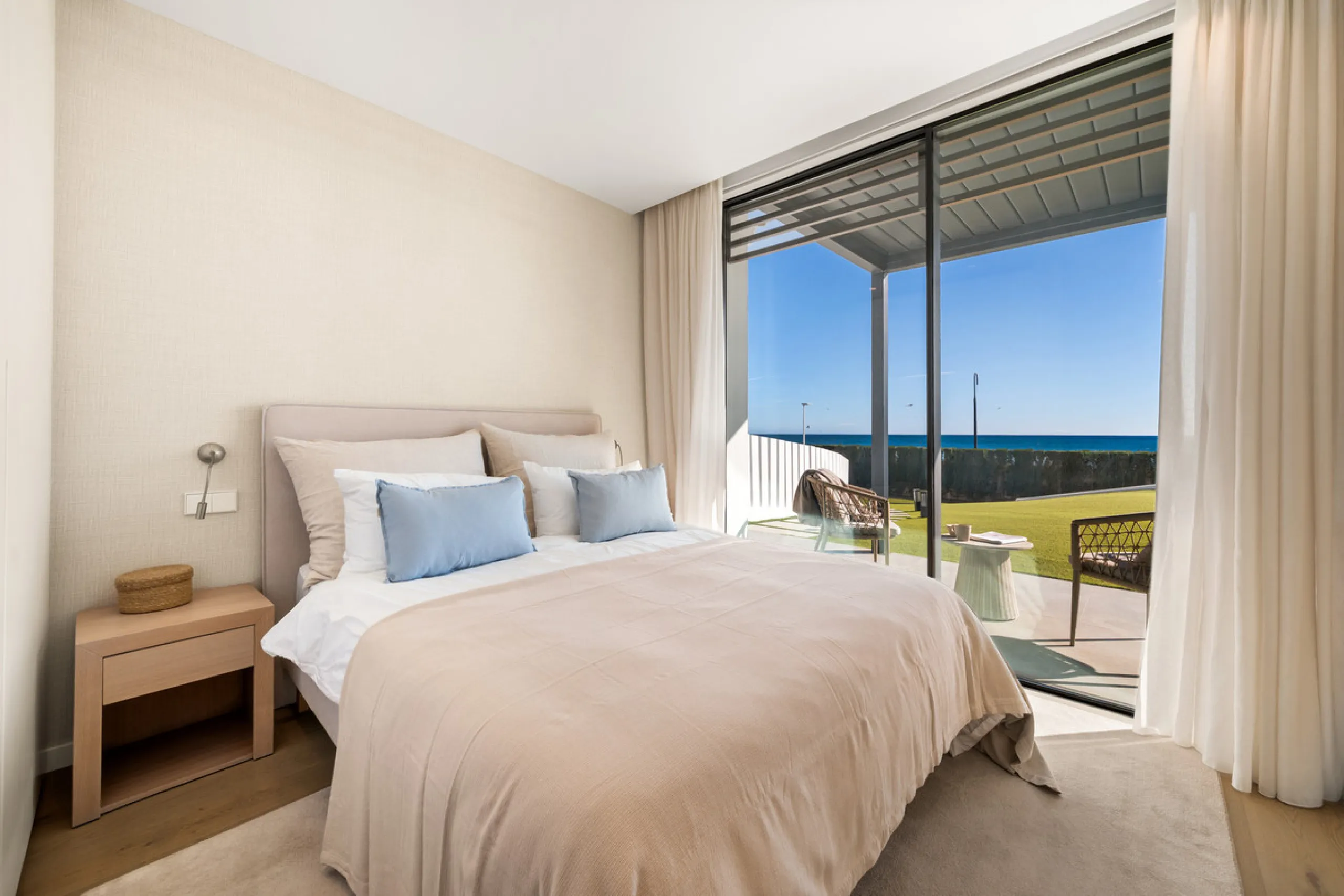 Boasting of panoramic sea views, a contemporary showpiece villa sitting in a privileged beachfront position in the New Golden Mile, surrounded by an expansive private garden with a large private swimming pool. The ideal family estate offering a dynamic ou
