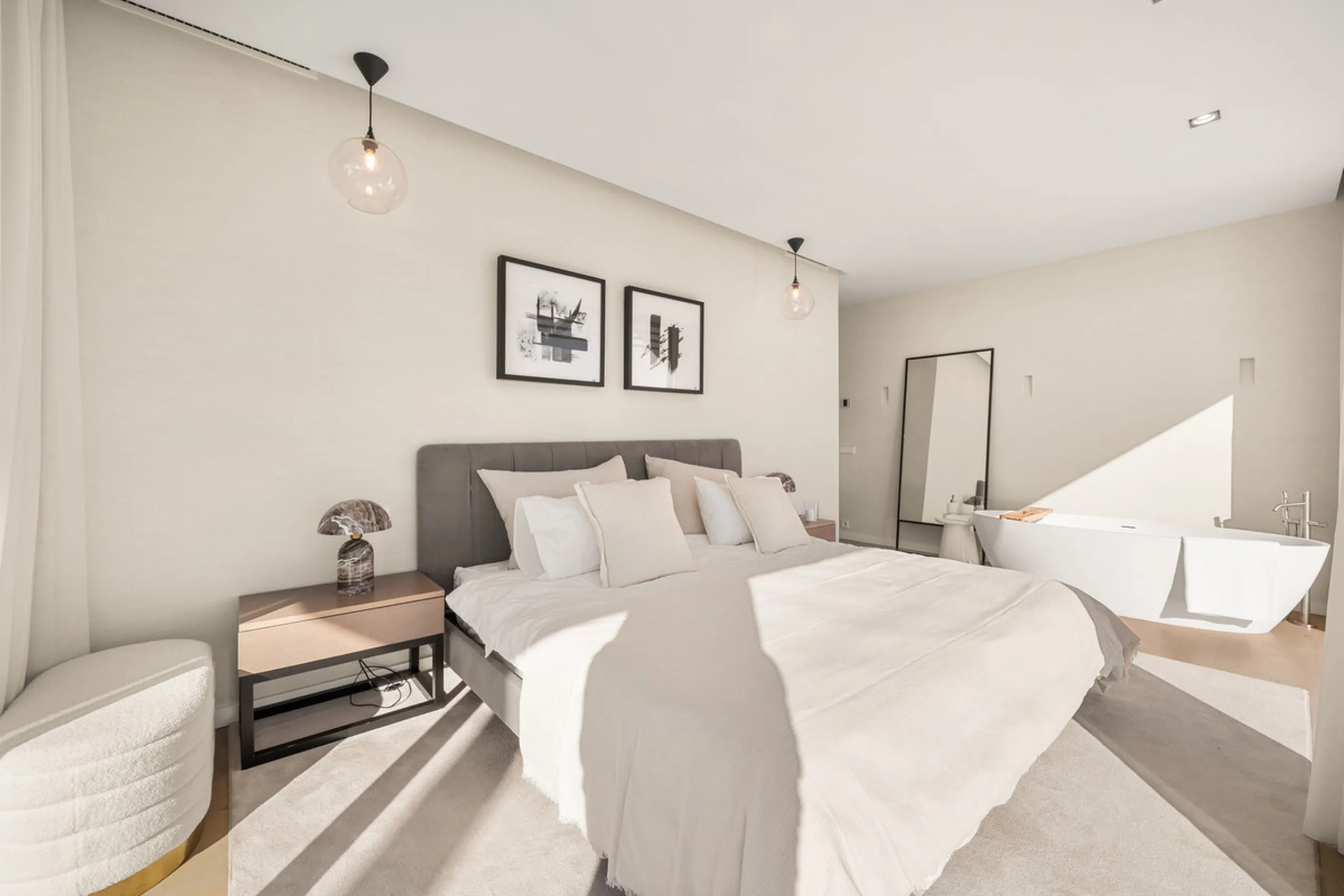 Boasting of panoramic sea views, a contemporary showpiece villa sitting in a privileged beachfront position in the New Golden Mile, surrounded by an expansive private garden with a large private swimming pool. The ideal family estate offering a dynamic ou