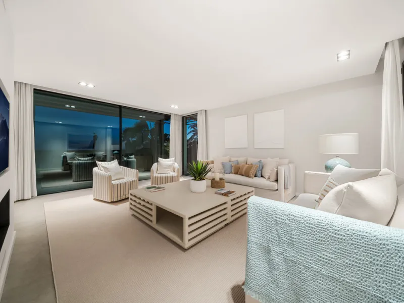 Boasting of panoramic sea views, a contemporary showpiece villa sitting in a privileged beachfront position in the New Golden Mile, surrounded by an expansive private garden with a large private swimming pool. The ideal family estate offering a dynamic ou
