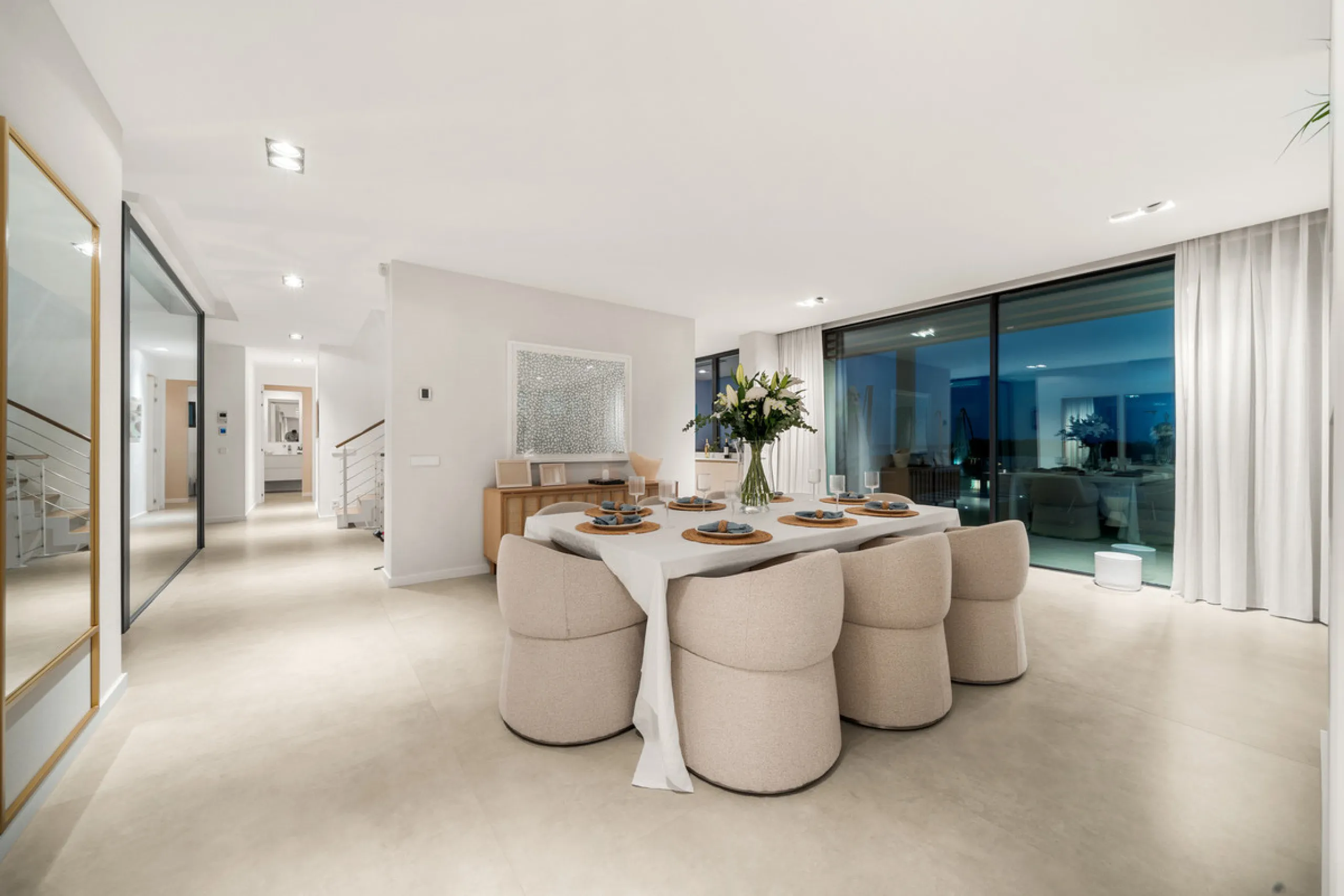 Boasting of panoramic sea views, a contemporary showpiece villa sitting in a privileged beachfront position in the New Golden Mile, surrounded by an expansive private garden with a large private swimming pool. The ideal family estate offering a dynamic ou