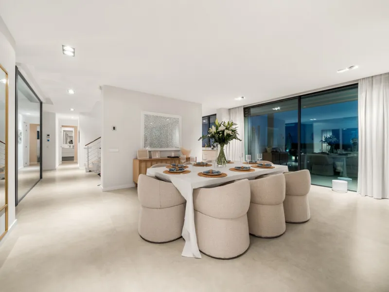 Boasting of panoramic sea views, a contemporary showpiece villa sitting in a privileged beachfront position in the New Golden Mile, surrounded by an expansive private garden with a large private swimming pool. The ideal family estate offering a dynamic ou