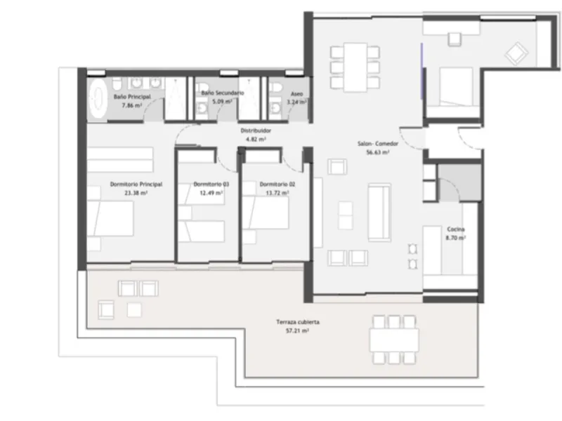 Discover a rare opportunity to own one of the very few 4-bedroom residences in the prestigious Palmitos development, La Quinta. This stunning apartment offers a spacious living room, fully equipped designer kitchen, four bedrooms, two bathrooms, and a gue