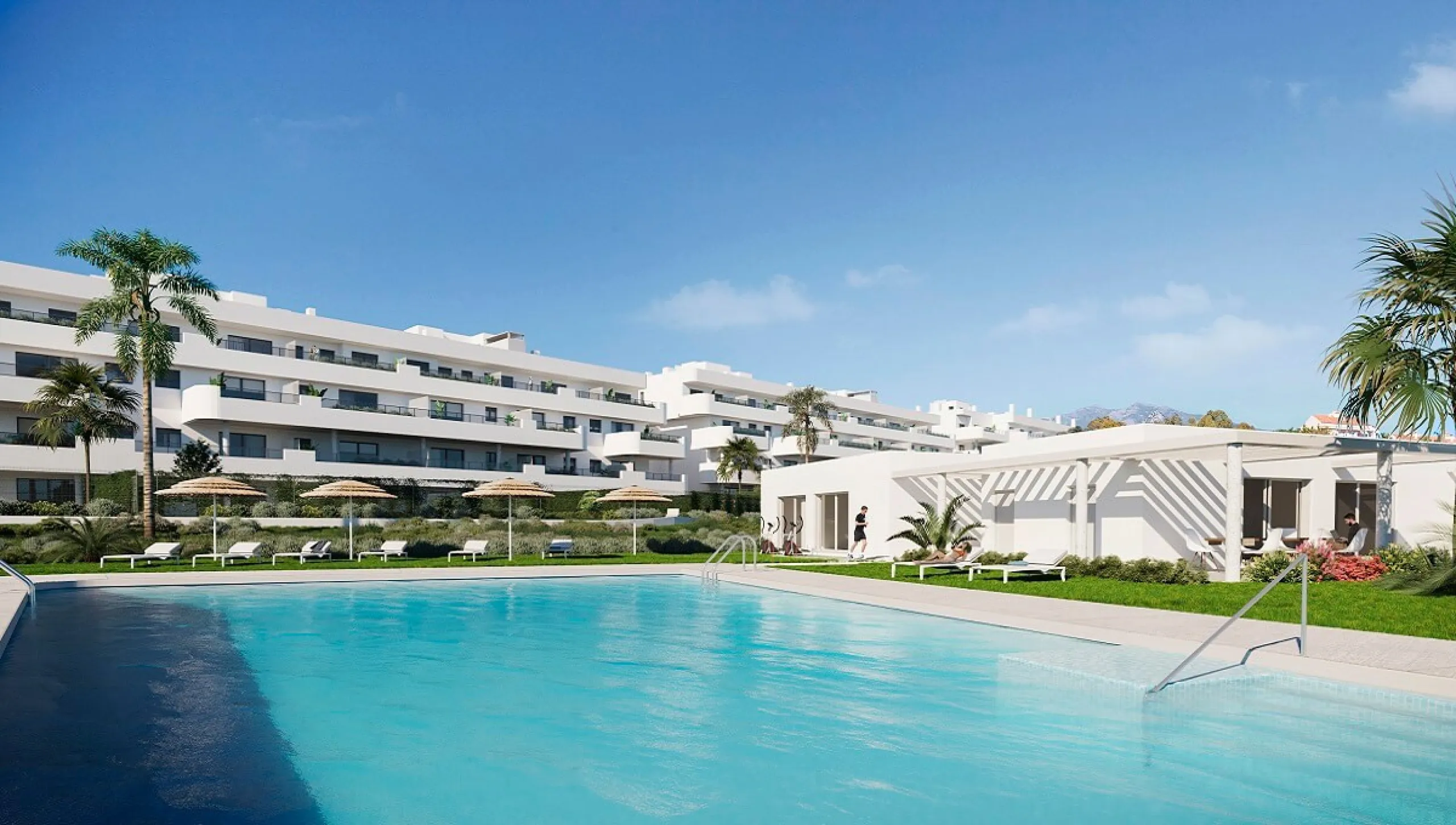 Ground Floor Apartment for sale in Estepona East, Estepona with 2 bedrooms, 2 bathrooms, 2 en suite bathrooms and with orientation south, with communal swimming pool, private garage (1 parking spaces) and private garden. Regarding property dimensions, it 