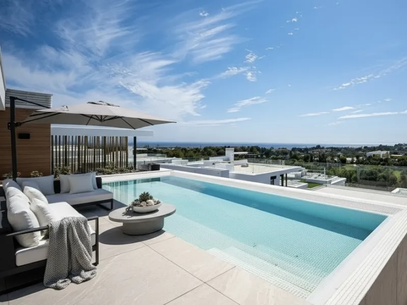 Penthouse Alma is a brand-new duplex home in a secure gated community in Marbella East. It has two ensuite bedrooms, a guest bathroom, and an open-plan living space that connects the kitchen, dining, and lounge areas. Floor-to-ceiling windows fill the hom