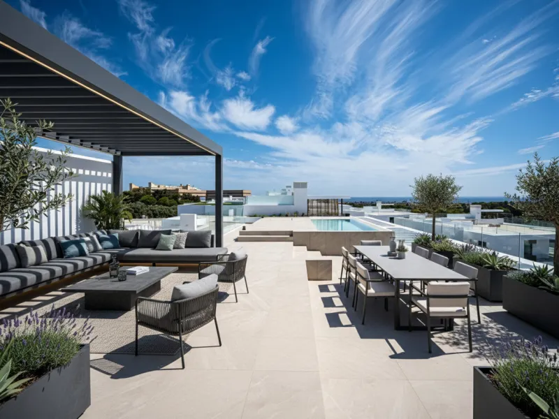 Penthouse Alma is a brand-new duplex home in a secure gated community in Marbella East. It has two ensuite bedrooms, a guest bathroom, and an open-plan living space that connects the kitchen, dining, and lounge areas. Floor-to-ceiling windows fill the hom