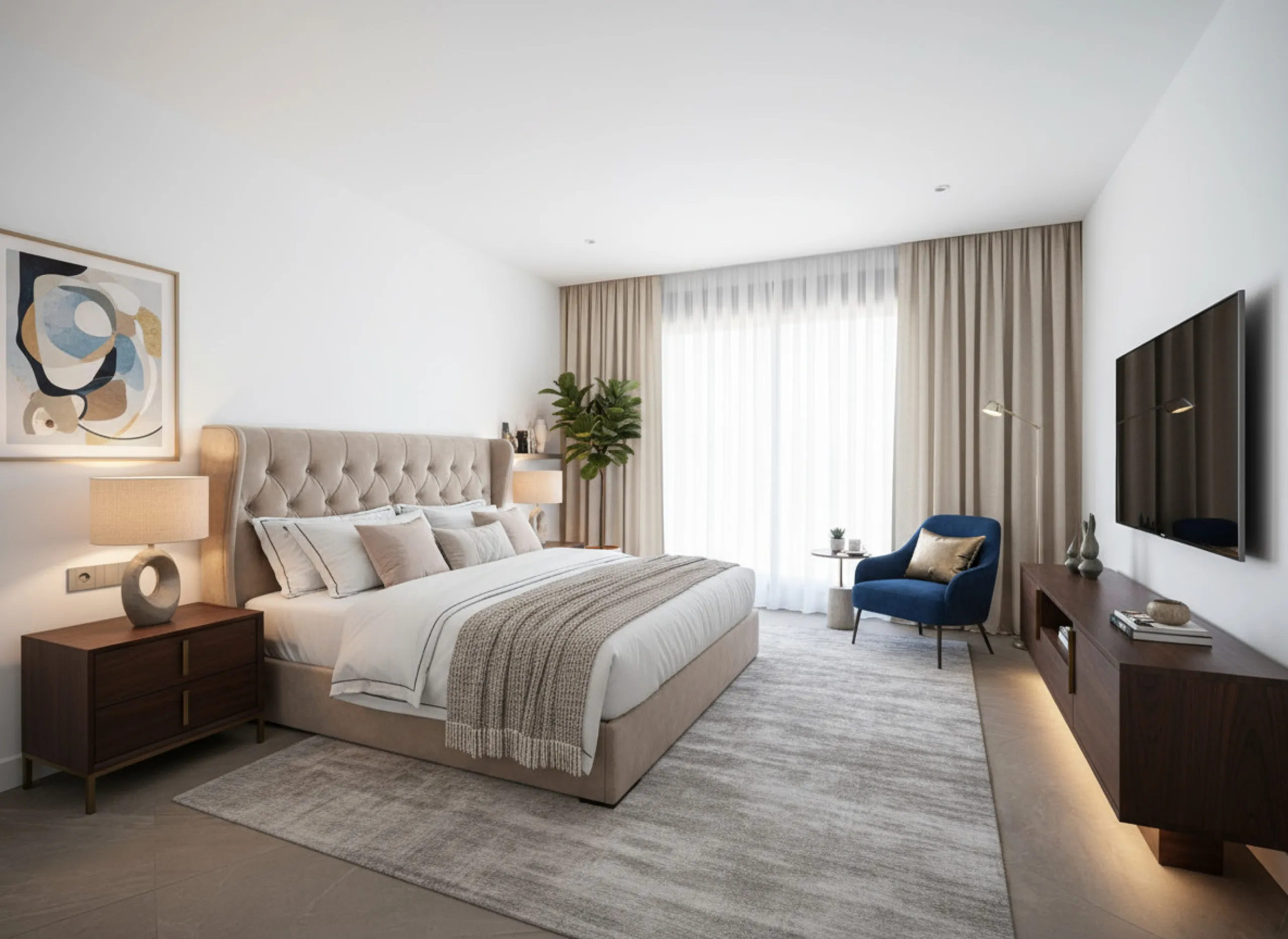 Penthouse Alma is a brand-new duplex home in a secure gated community in Marbella East. It has two ensuite bedrooms, a guest bathroom, and an open-plan living space that connects the kitchen, dining, and lounge areas. Floor-to-ceiling windows fill the hom
