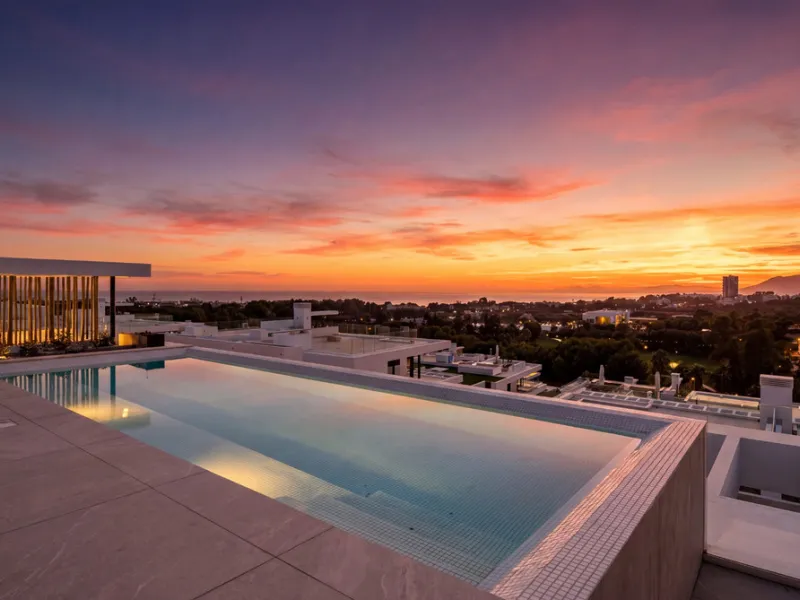 Penthouse Alma is a brand-new duplex home in a secure gated community in Marbella East. It has two ensuite bedrooms, a guest bathroom, and an open-plan living space that connects the kitchen, dining, and lounge areas. Floor-to-ceiling windows fill the hom