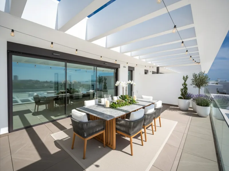 Penthouse Alma is a brand-new duplex home in a secure gated community in Marbella East. It has two ensuite bedrooms, a guest bathroom, and an open-plan living space that connects the kitchen, dining, and lounge areas. Floor-to-ceiling windows fill the hom