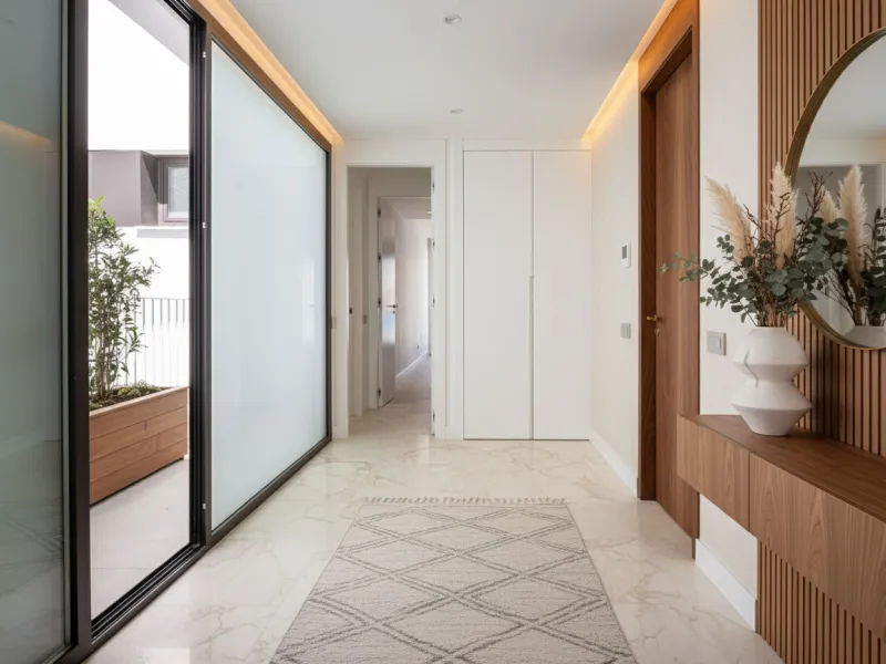 Penthouse Alma is a brand-new duplex home in a secure gated community in Marbella East. It has two ensuite bedrooms, a guest bathroom, and an open-plan living space that connects the kitchen, dining, and lounge areas. Floor-to-ceiling windows fill the hom