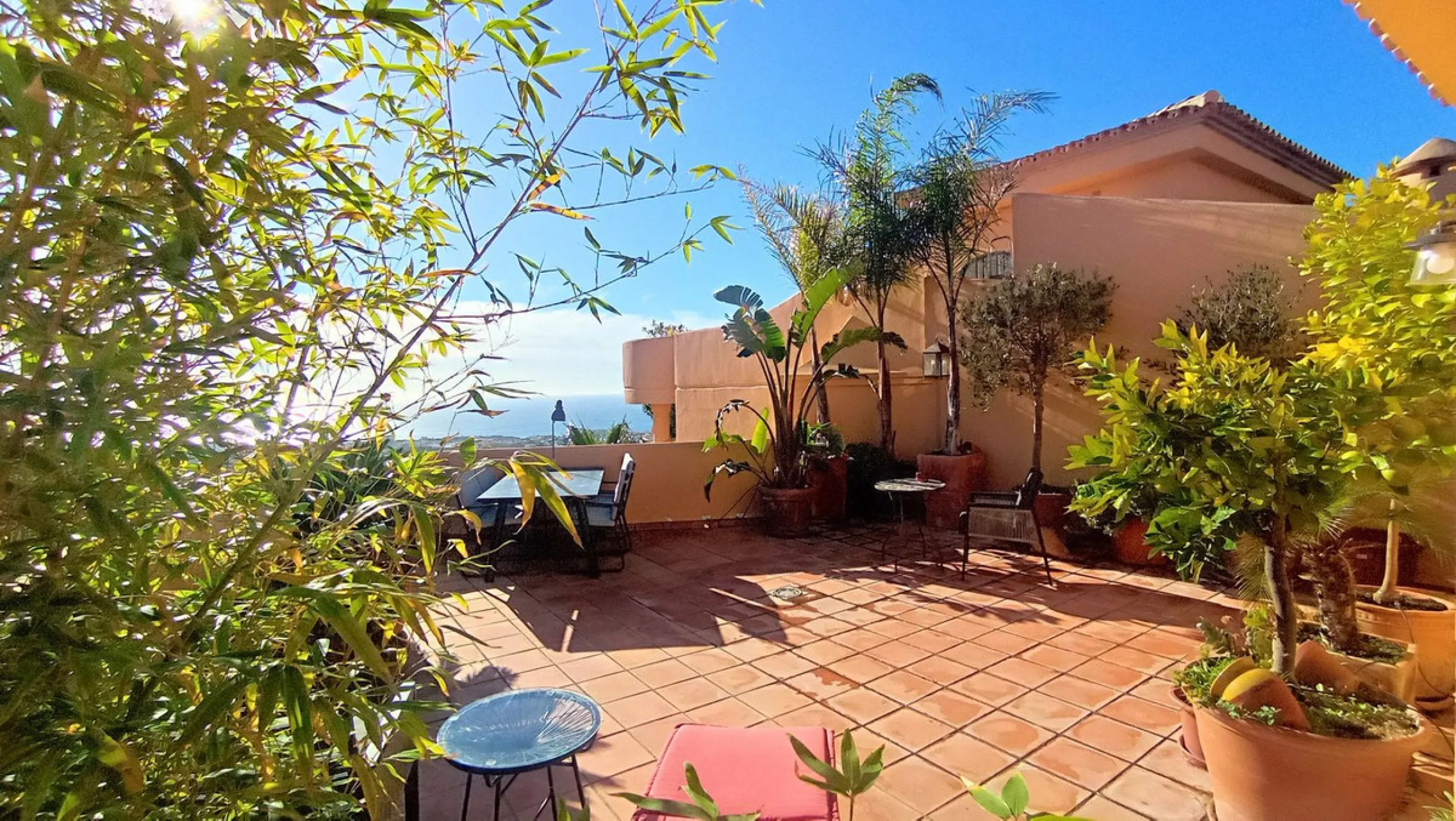 Stunning terraces with sea and mountain views. Over 60 square meters of covered and uncovered terraces. Immaculate two-story penthouse. Built-in interior staircase provides access to the upper level. The ground floor comprises two bedrooms and two full ba