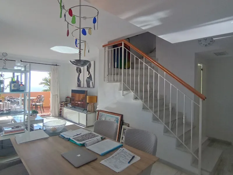 Stunning terraces with sea and mountain views. Over 60 square meters of covered and uncovered terraces. Immaculate two-story penthouse. Built-in interior staircase provides access to the upper level. The ground floor comprises two bedrooms and two full ba