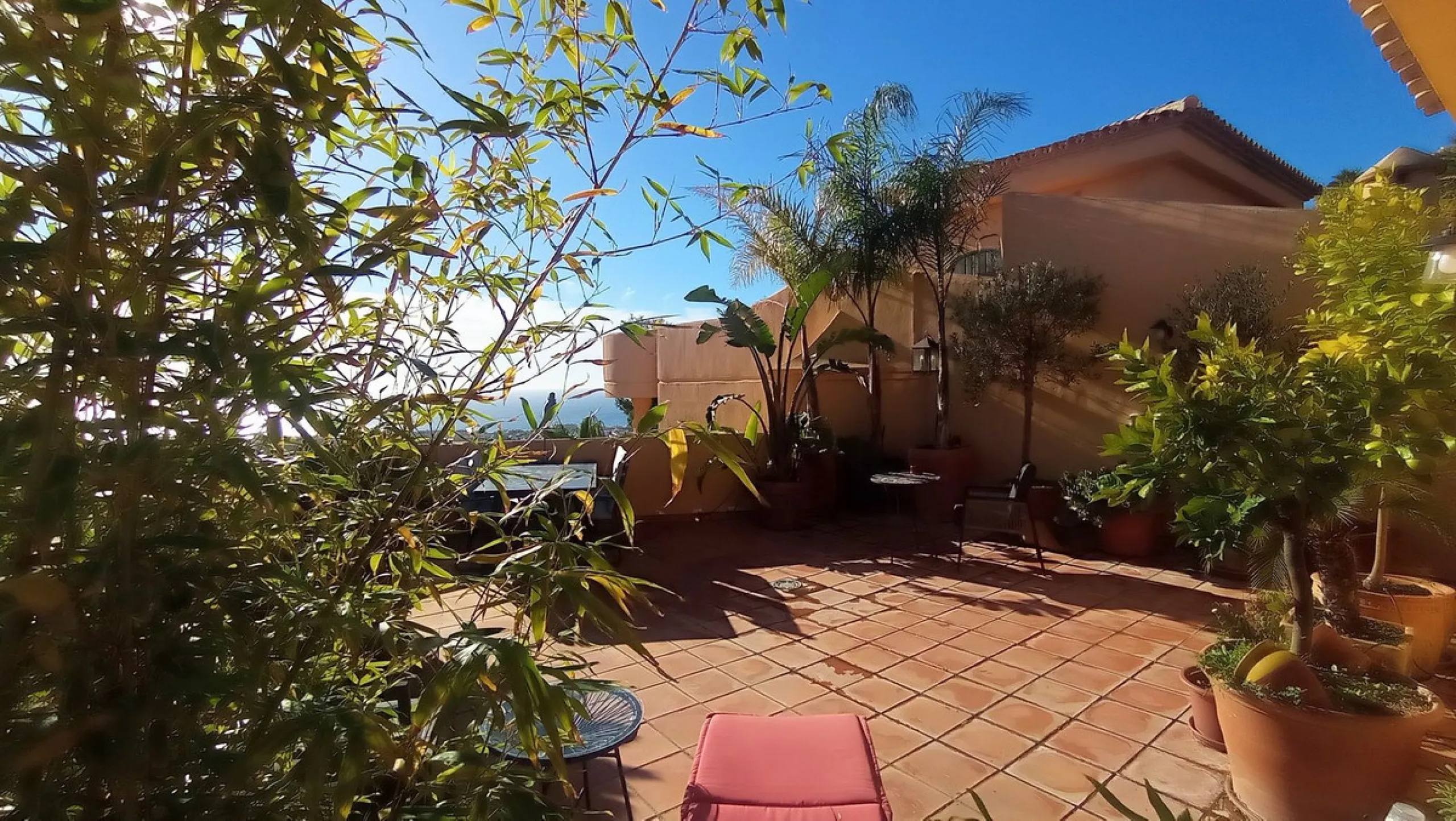 Stunning terraces with sea and mountain views. Over 60 square meters of covered and uncovered terraces. Immaculate two-story penthouse. Built-in interior staircase provides access to the upper level. The ground floor comprises two bedrooms and two full ba