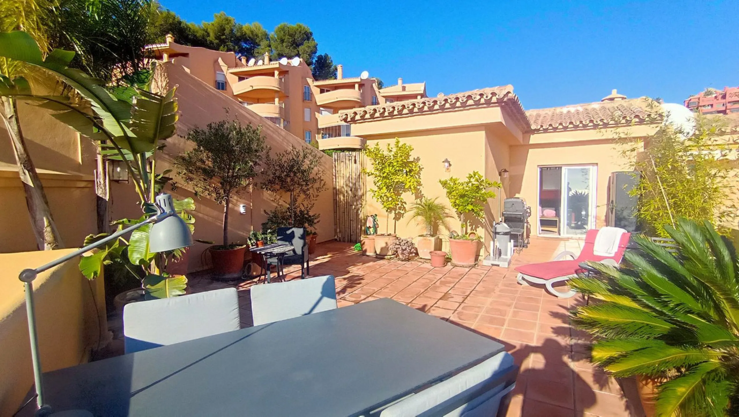 Stunning terraces with sea and mountain views. Over 60 square meters of covered and uncovered terraces. Immaculate two-story penthouse. Built-in interior staircase provides access to the upper level. The ground floor comprises two bedrooms and two full ba