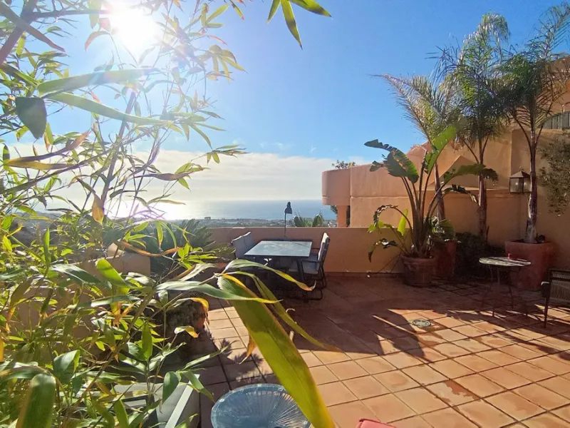 Stunning terraces with sea and mountain views. Over 60 square meters of covered and uncovered terraces. Immaculate two-story penthouse. Built-in interior staircase provides access to the upper level. The ground floor comprises two bedrooms and two full ba