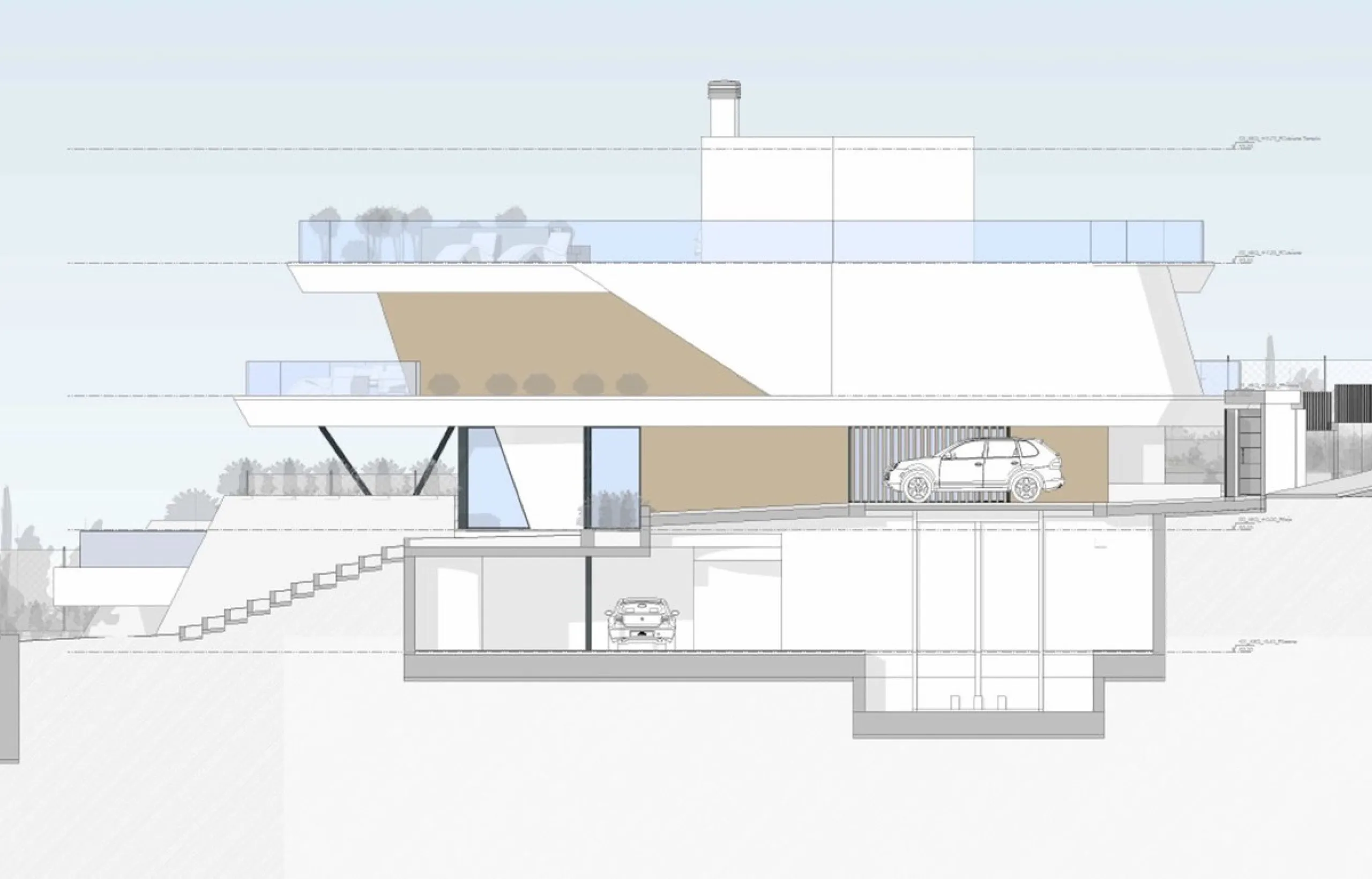 The project is a modern Mediterranean-style detached villa, distributed over four levels adapted to the slope of the terrain. It includes a basement garage, an open-plan living room and kitchen on the ground floor, three bedrooms on the first floor, and a