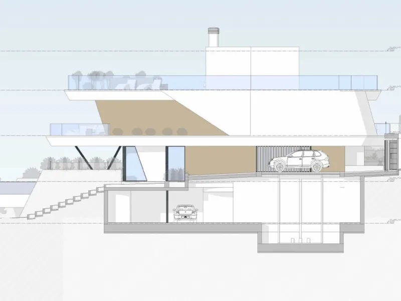 The project is a modern Mediterranean-style detached villa, distributed over four levels adapted to the slope of the terrain. It includes a basement garage, an open-plan living room and kitchen on the ground floor, three bedrooms on the first floor, and a