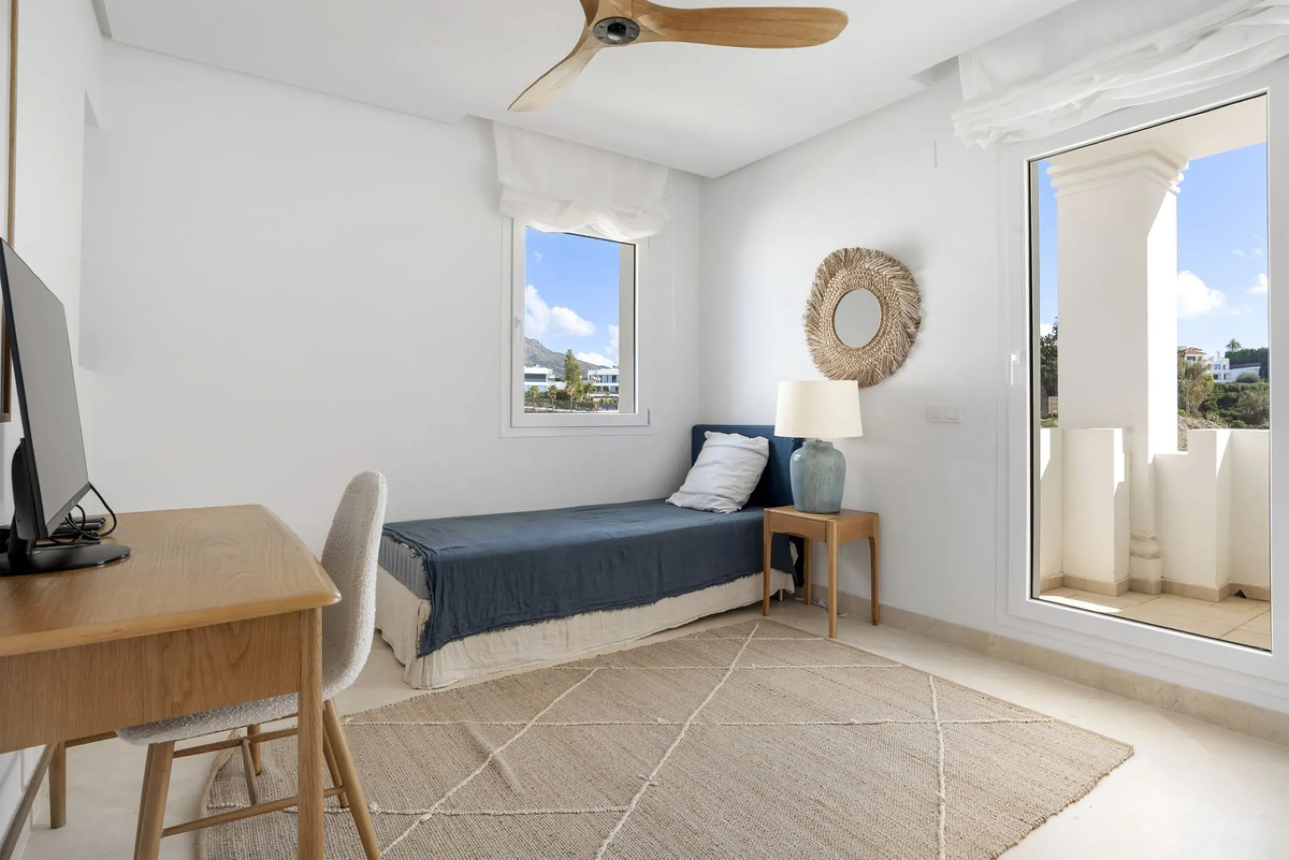 We are delighted to present this stunning first-floor apartment in Aloha, Nueva Andalucía, offering breathtaking panoramic views of the coastline. Formerly the show home of the development, this exceptional property is sold fully furnished and finished to