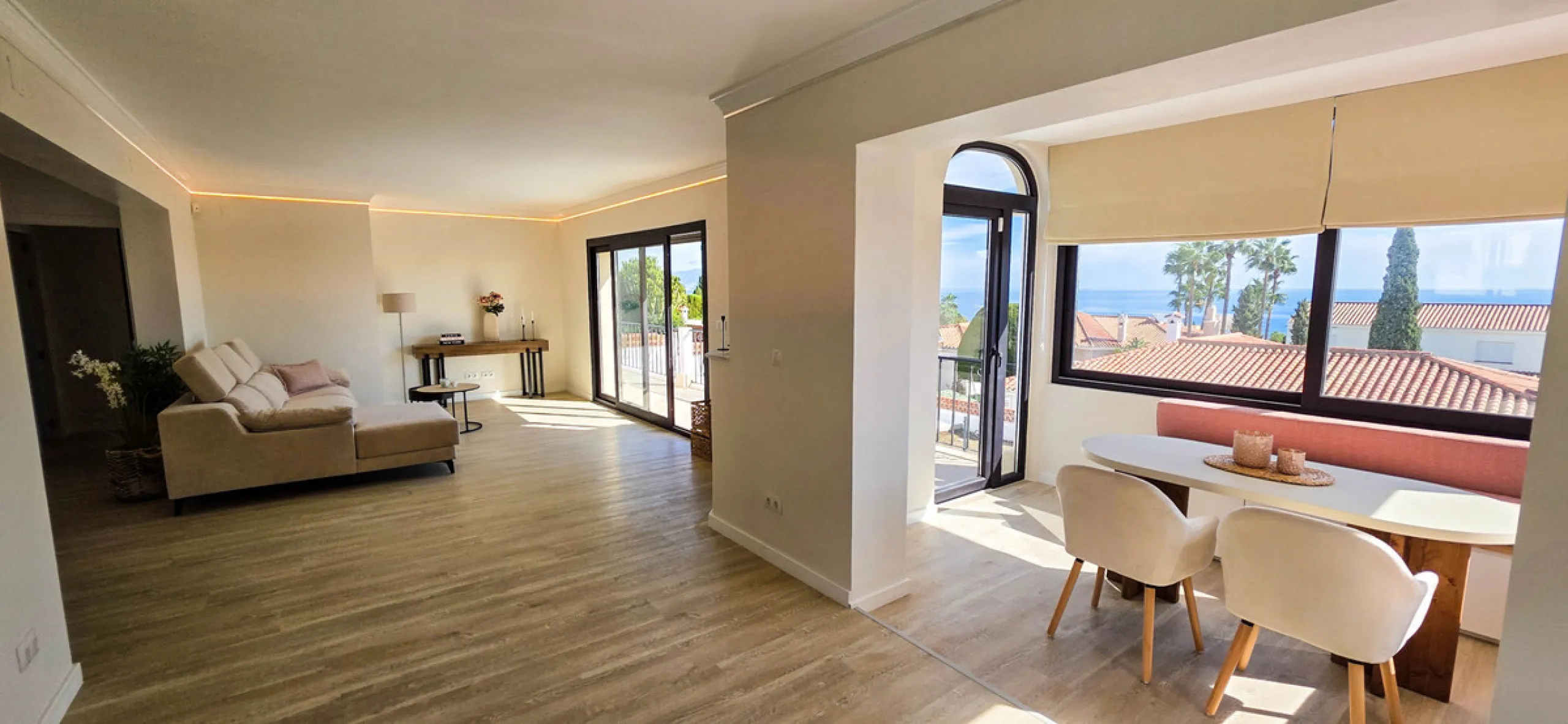 This beautifully refurbished villa in Manilva offers modern comfort, high-quality finishes, and sweeping sea views, all within walking distance of the beach. Designed with both style and practicality in mind, this property is as good as brand new and read