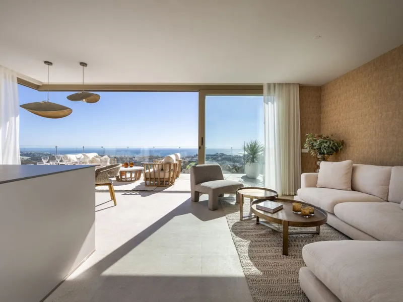 Amazing key ready 2-bedroom penthouse in La Cala de Mijas, boasting spectacular sea views. The upper level features a solarium with an outdoor kitchen and a jacuzzi. This boutique development prioritizes quality, functionality, and design, providing an ex