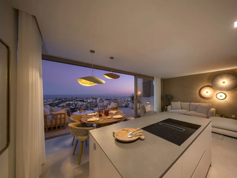 Amazing key ready 2-bedroom penthouse in La Cala de Mijas, boasting spectacular sea views. The upper level features a solarium with an outdoor kitchen and a jacuzzi. This boutique development prioritizes quality, functionality, and design, providing an ex