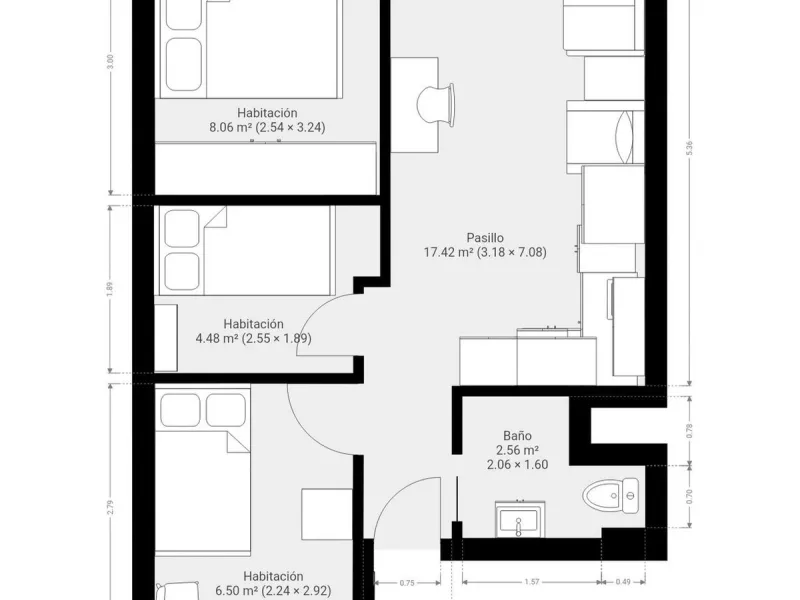 Apartment - Middle Floor Apartment в продаже в Málaga, Málaga. В доме 3 спален и 1 ванных комнат. Площадь дома 57 м²