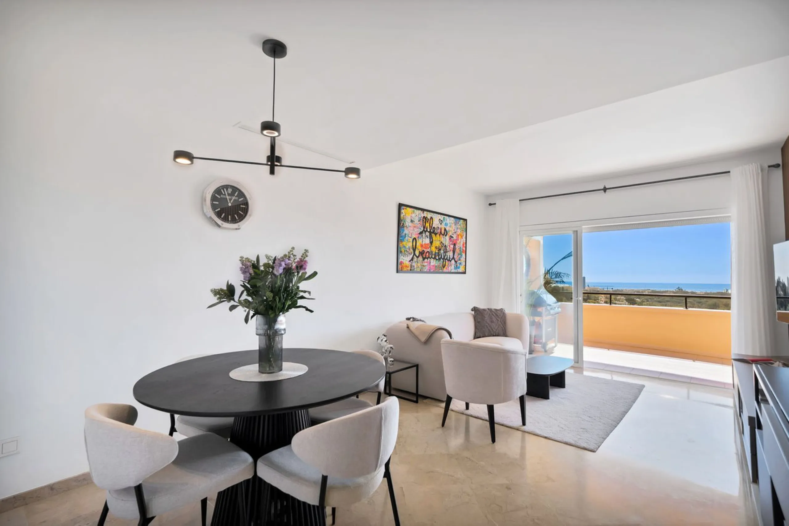 Located in the sought-after Elviria Hills community, this well-positioned 2-bedroom, 2-bathroom apartment offers stunning panoramic sea views and a full south-facing orientation. Situated in one of the best blocks of the development, this home provides a 