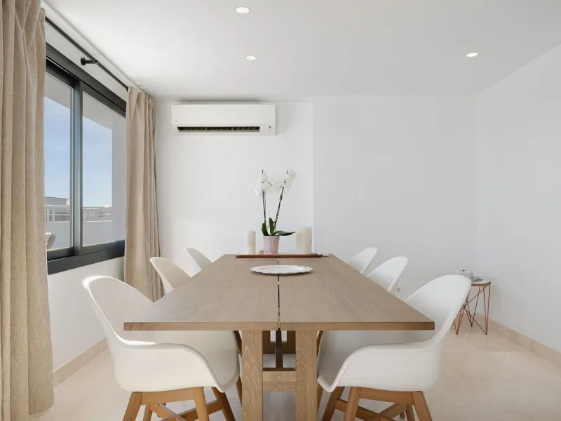 A very special penthouse situated 2nd line to the beach right in the centre of Estepona. The penthouse and terraces occupy the whole of the 6th floor on this building making it one of a kind and very private. The good size living and dining room have acce