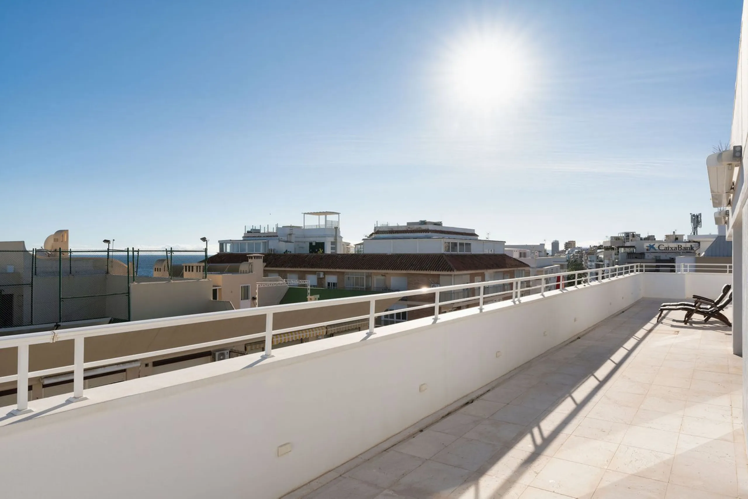 A very special penthouse situated 2nd line to the beach right in the centre of Estepona. The penthouse and terraces occupy the whole of the 6th floor on this building making it one of a kind and very private. The good size living and dining room have acce