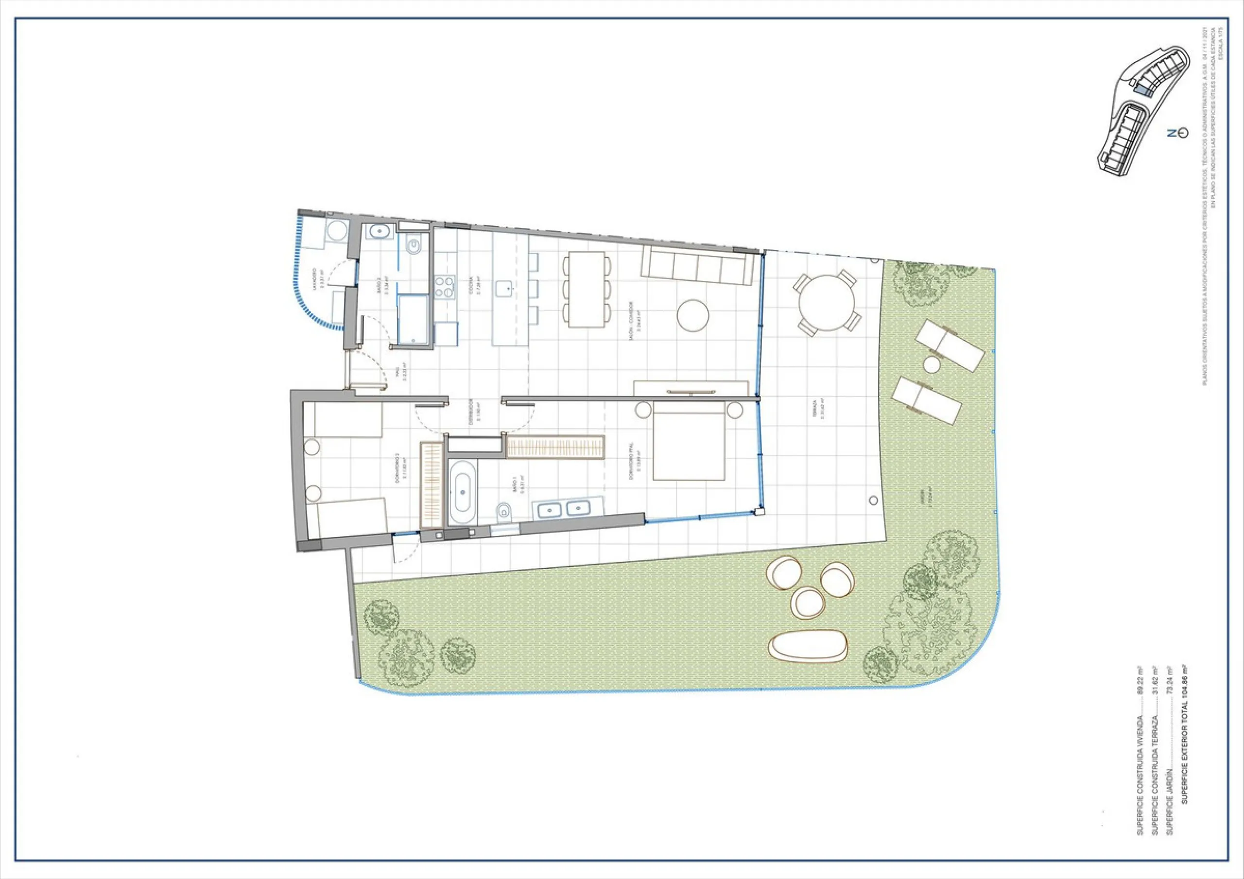 This stunning 2-bedroom ground floor apartment offers an exceptional living experience with 89 m² of constructed interior space, a 32 m² terrace, and a 73 m² private garden. Built with meticulous attention to detail, the apartment blends modern design wit
