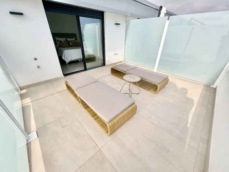 REDUCED - Stunning 2 bed duplex Penthouse only 100m to beach, shops & restaurants, with breathtaking 180º Mediterranean sea views. Set in exclusive El Higueron luxury Sports / Spa community with own beach Club.