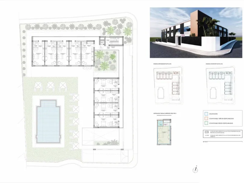 A unique project for an exclusive apartment hotel in Estepona, located on a 1,633 m² plot. It is possible to construct an apartment hotel with an area of 1.197,57 m², featuring 2 floors, 18 apartments, a restaurant, a swimming pool, and a basement. The lo