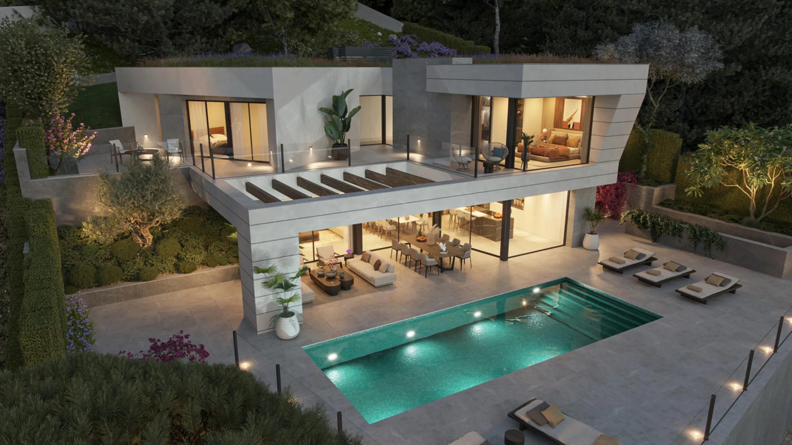 Villa Olivo is the first of its kind in the exclusive gated enclave of Pinares Hills, located within the sought-after neighbourhood of Pinares de San Antón, just north of Málaga City Centre. This striking contemporary villa boasts 616 m² of total built sp