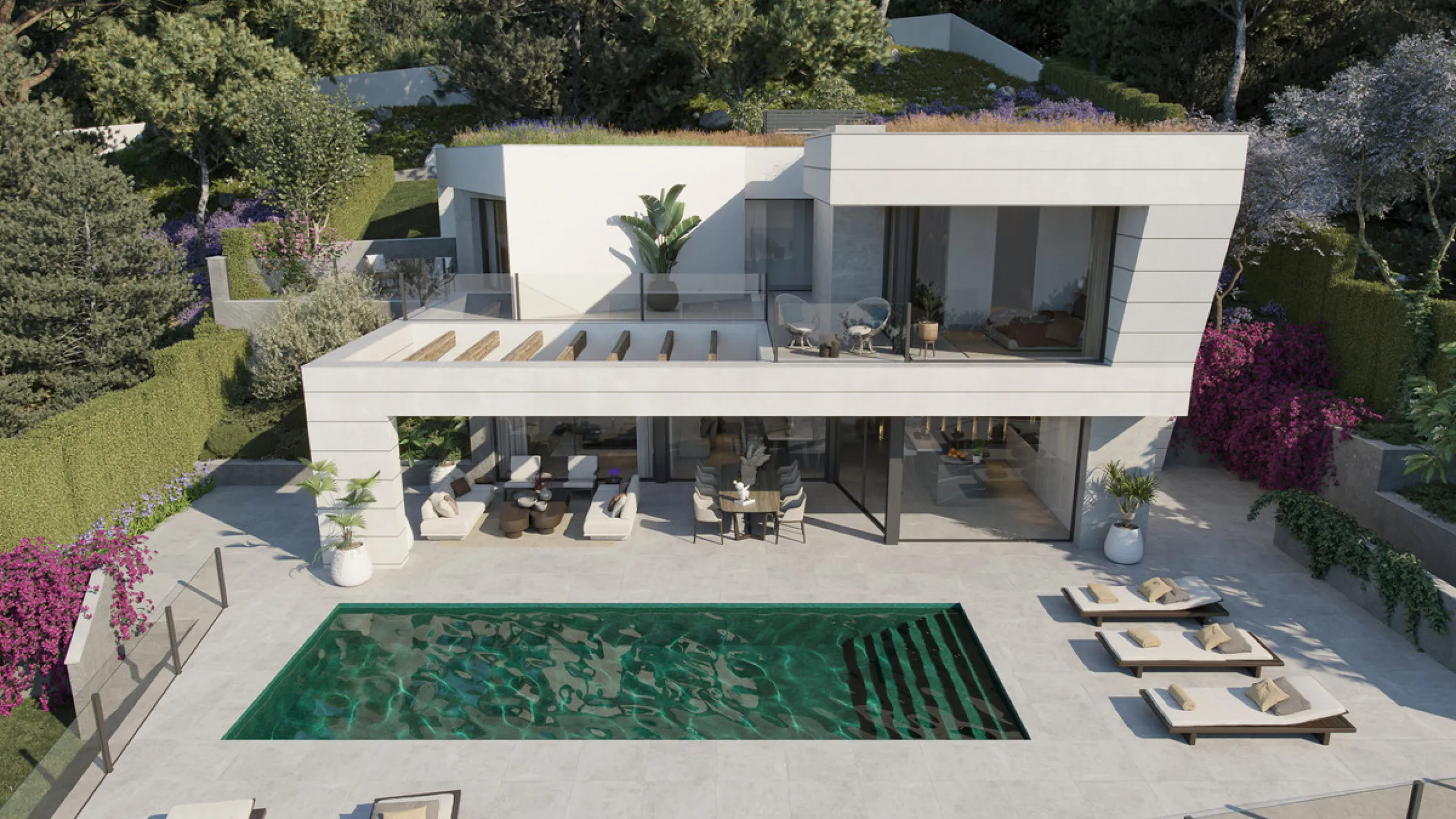 Villa Olivo is the first of its kind in the exclusive gated enclave of Pinares Hills, located within the sought-after neighbourhood of Pinares de San Antón, just north of Málaga City Centre. This striking contemporary villa boasts 616 m² of total built sp