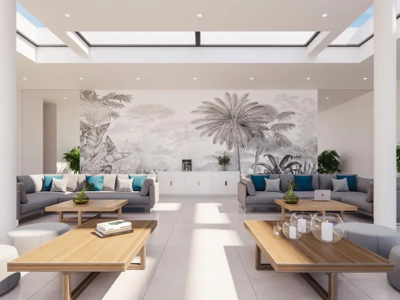 The contemporary 3-bedroom duplex penthouse with terrace and roof terrace - both with panoramic views of the mountains and the Mediterranean -  is located in one of the most sought-after locations surrounded by the fairways of the Santa Clara Golf Course 