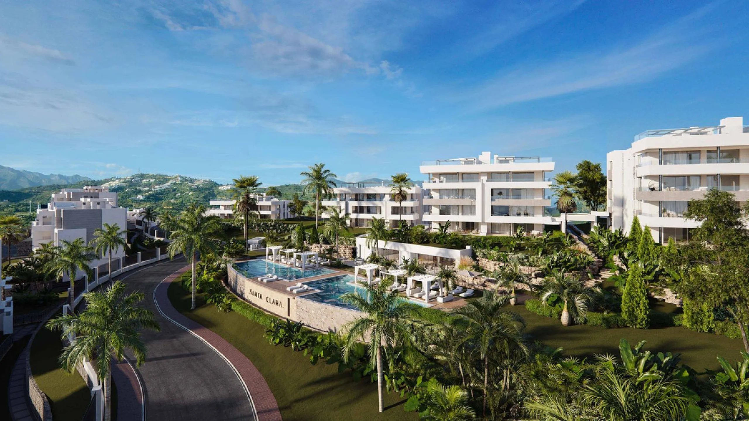 The contemporary 3-bedroom duplex penthouse with terrace and roof terrace - both with panoramic views of the mountains and the Mediterranean -  is located in one of the most sought-after locations surrounded by the fairways of the Santa Clara Golf Course 