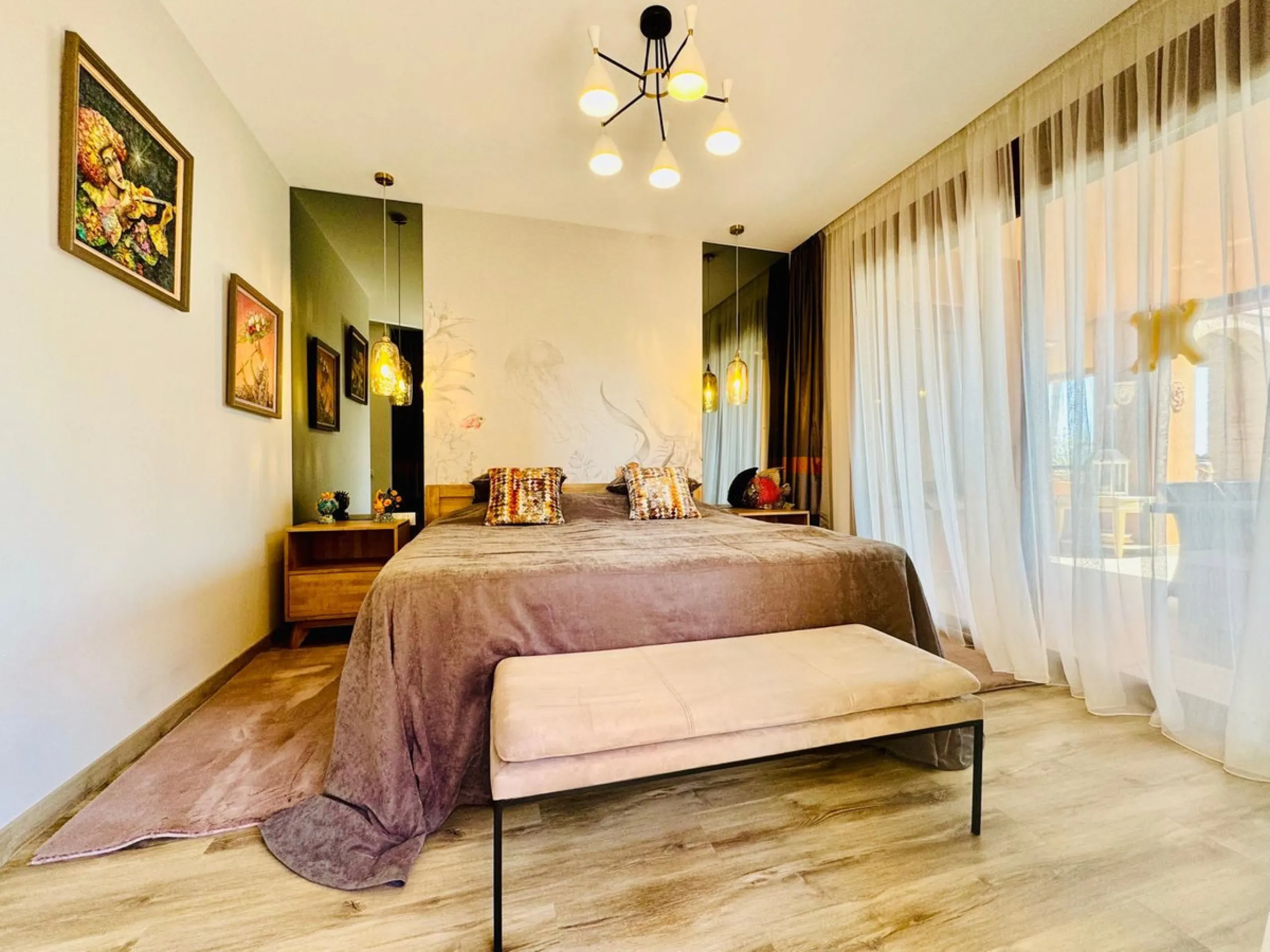 The property boasts an elegant layout and well-defined spaces. It features a closed area of one hundred forty-four meters and forty square decimeters, complemented by a covered terrace of sixty meters and nine square decimeters, and an uncovered terrace o