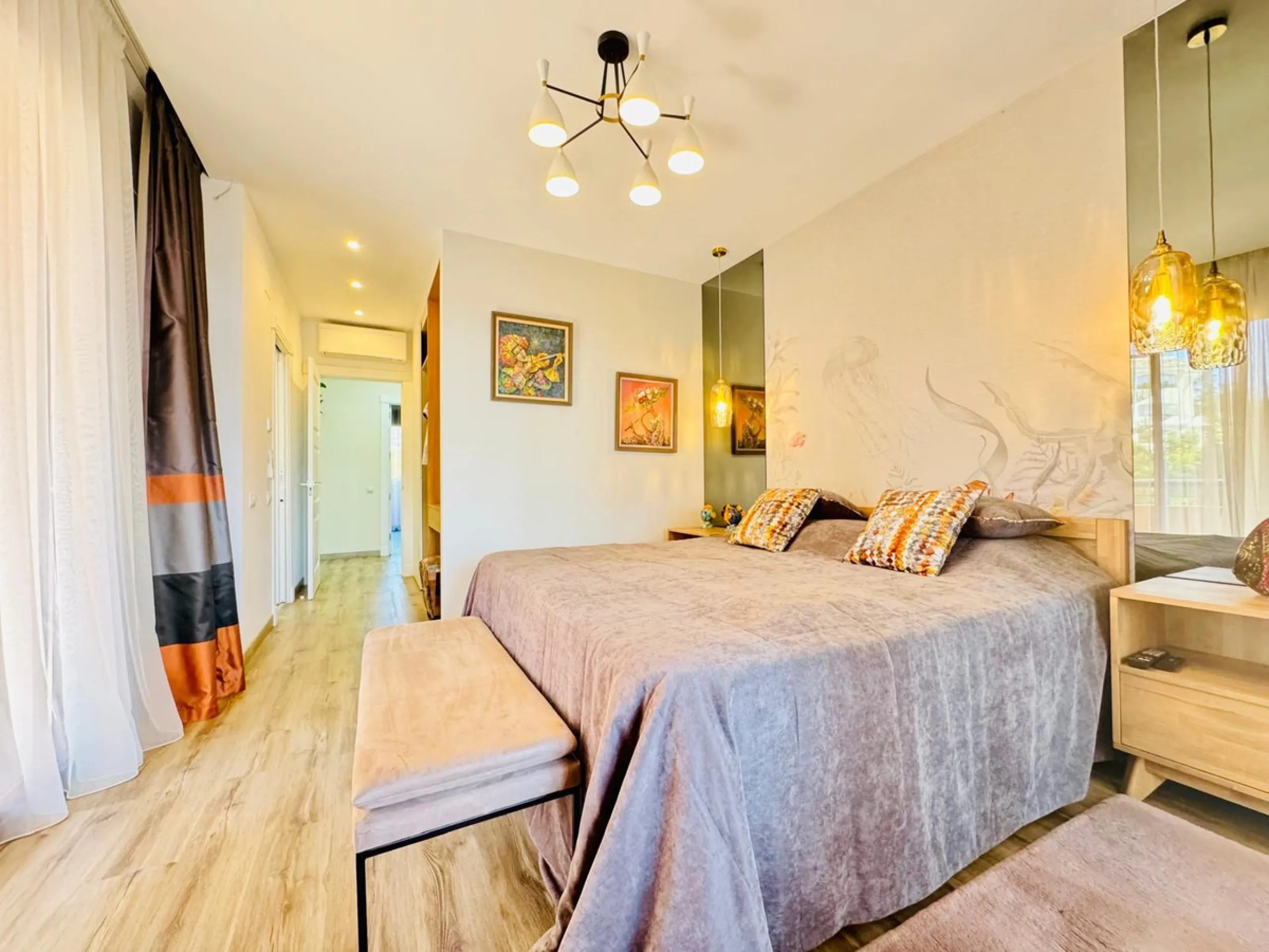 The property boasts an elegant layout and well-defined spaces. It features a closed area of one hundred forty-four meters and forty square decimeters, complemented by a covered terrace of sixty meters and nine square decimeters, and an uncovered terrace o