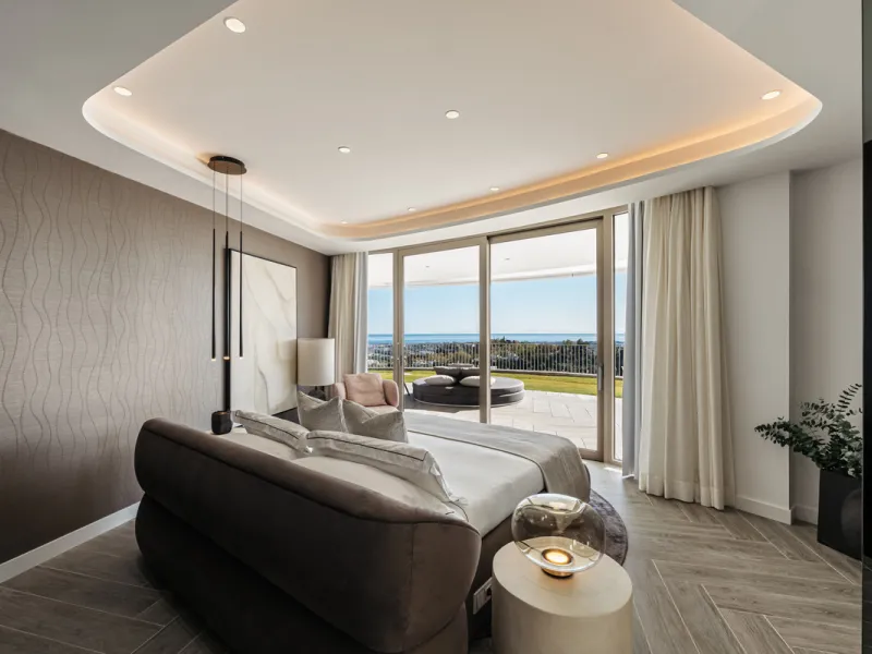 Discover this modern 3-bedroom ground floor apartment in a new eco-friendly development in Benahavís, offering panoramic sea views. Situated within a gated resort-style community surrounded by lush landscaped gardens, this apartment embodies contemporary 