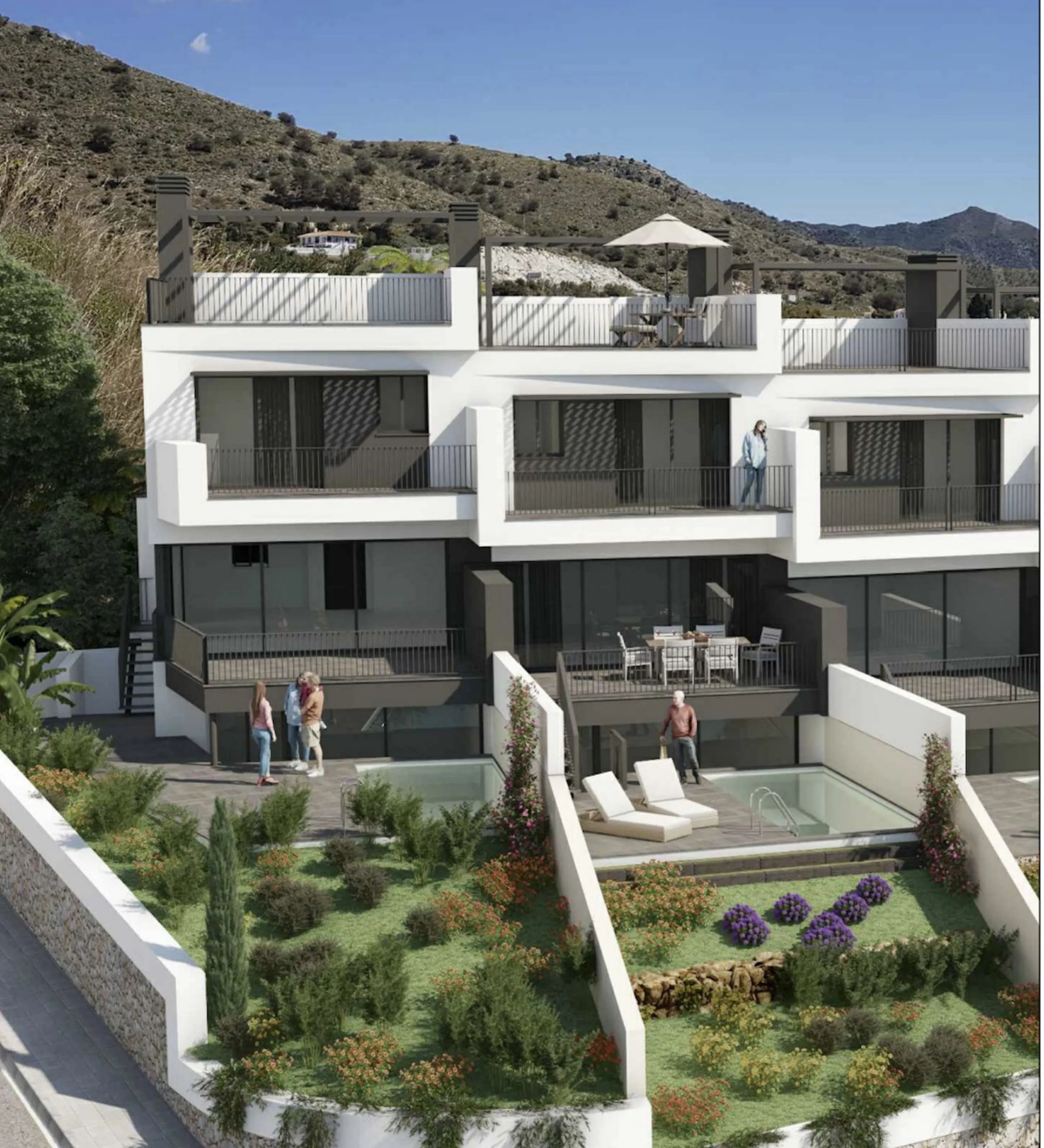 Located in one of the best tourist enclaves on the Costa del Sol, this Residential development is a high level complex made up of 8 luxury family homes. Each home has an individual pool and a garden facing south overlooking the Mediterranean sea, which is