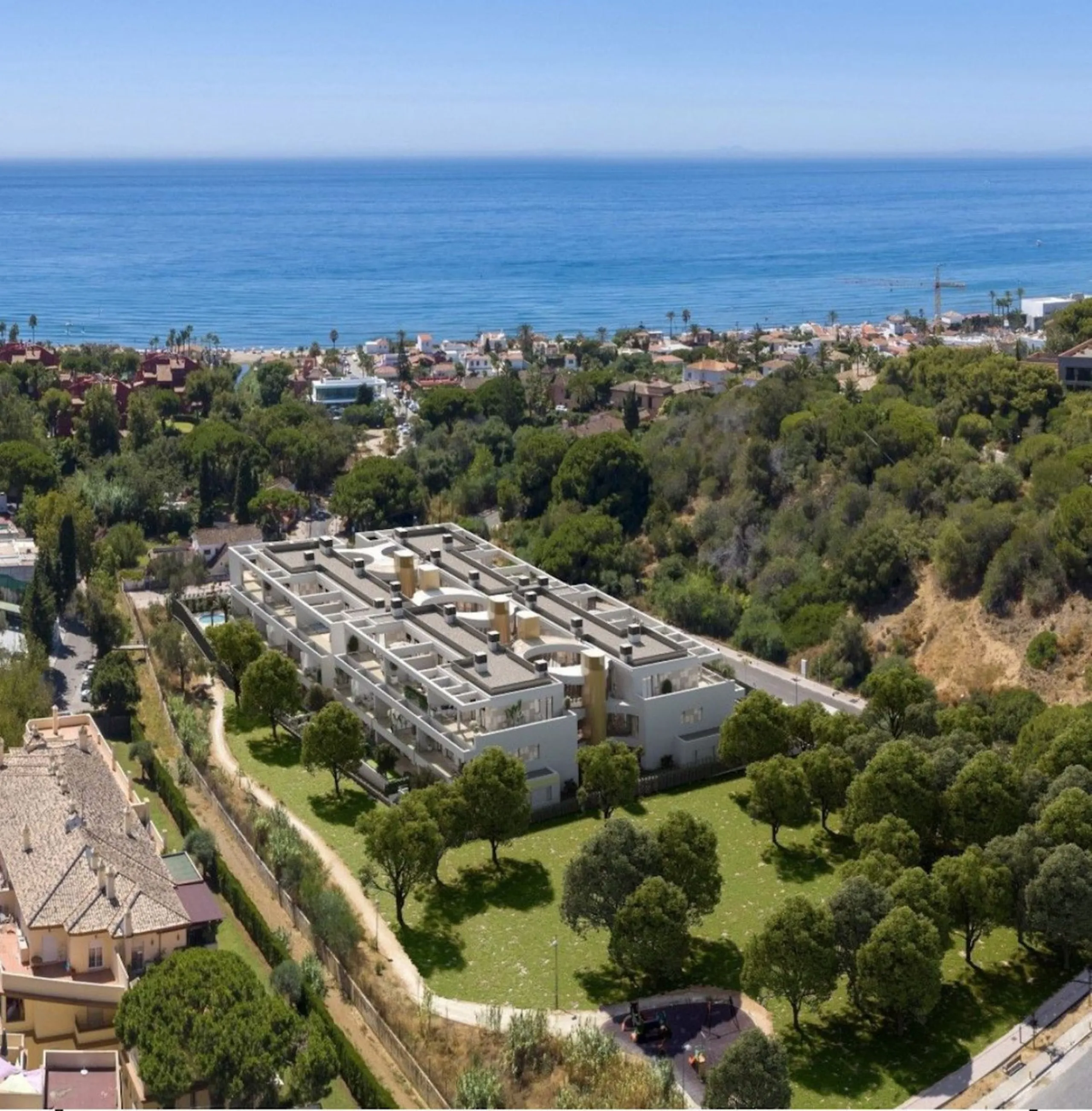 This brand-new residential complex is located on Elviria Beach, one of Marbella's most exclusive and sought-after areas — just a 10-minute drive from Marbella town centre and approximately 30 minutes from Málaga International Airport.