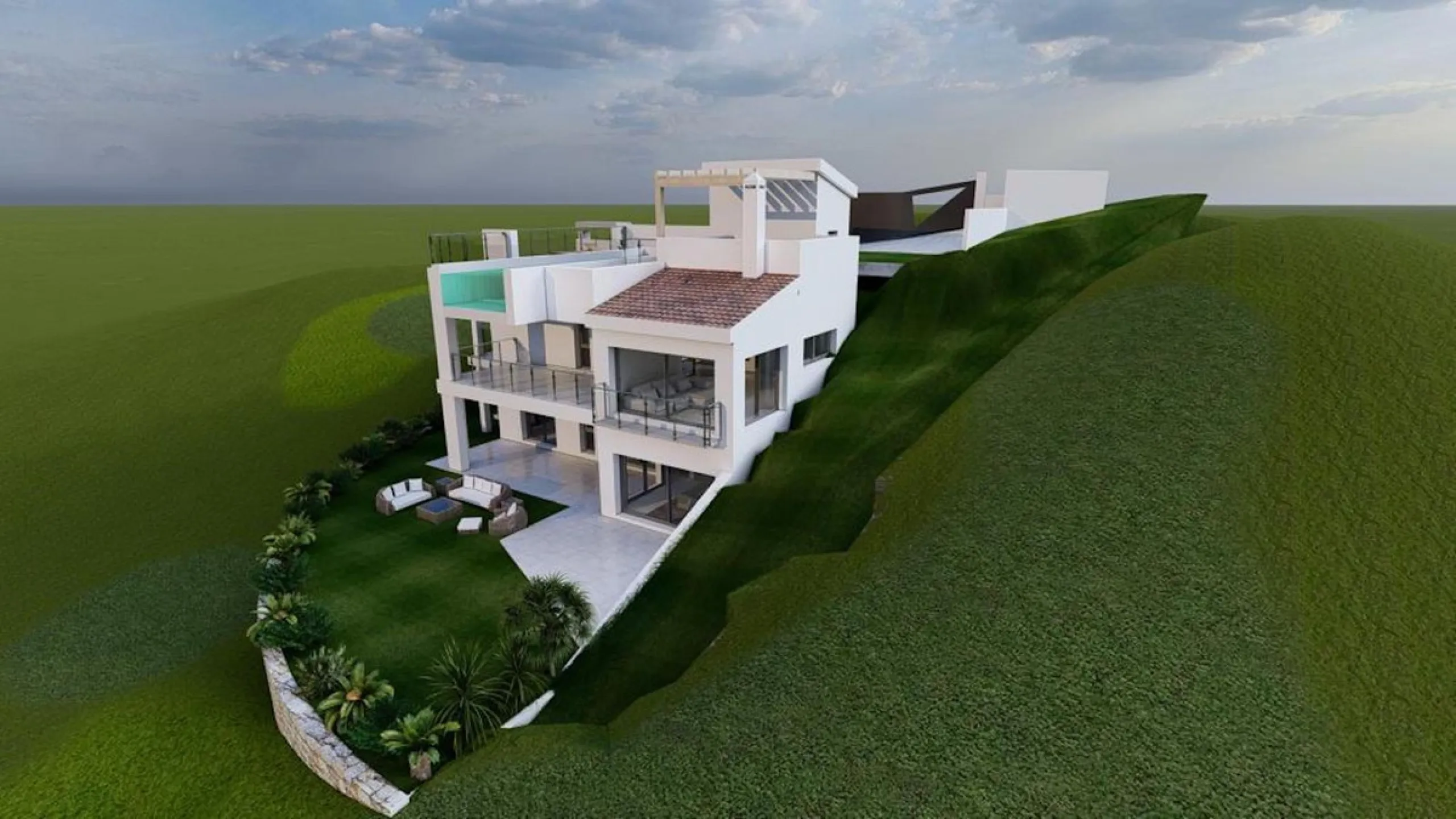 Project and licenses approved so construction can start as soon as the client wants. Off-plan luxury villa, 1st line golf in La Cala Golf consisting of 2 floors and a huge solarium with terrace and pool. This property will have 5 bedrooms, a studio/bedroo
