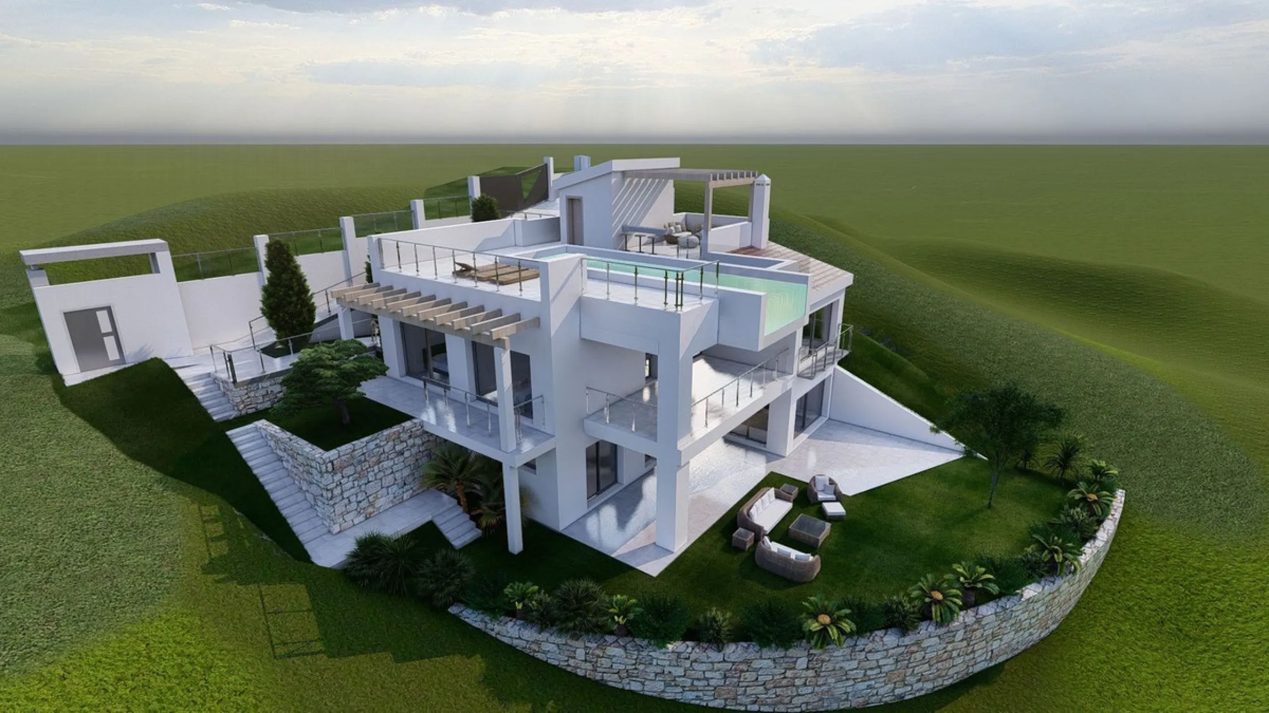 Project and licenses approved so construction can start as soon as the client wants. Off-plan luxury villa, 1st line golf in La Cala Golf consisting of 2 floors and a huge solarium with terrace and pool. This property will have 5 bedrooms, a studio/bedroo
