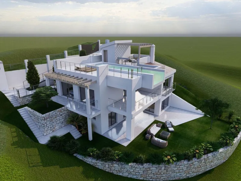 Project and licenses approved so construction can start as soon as the client wants. Off-plan luxury villa, 1st line golf in La Cala Golf consisting of 2 floors and a huge solarium with terrace and pool. This property will have 5 bedrooms, a studio/bedroo