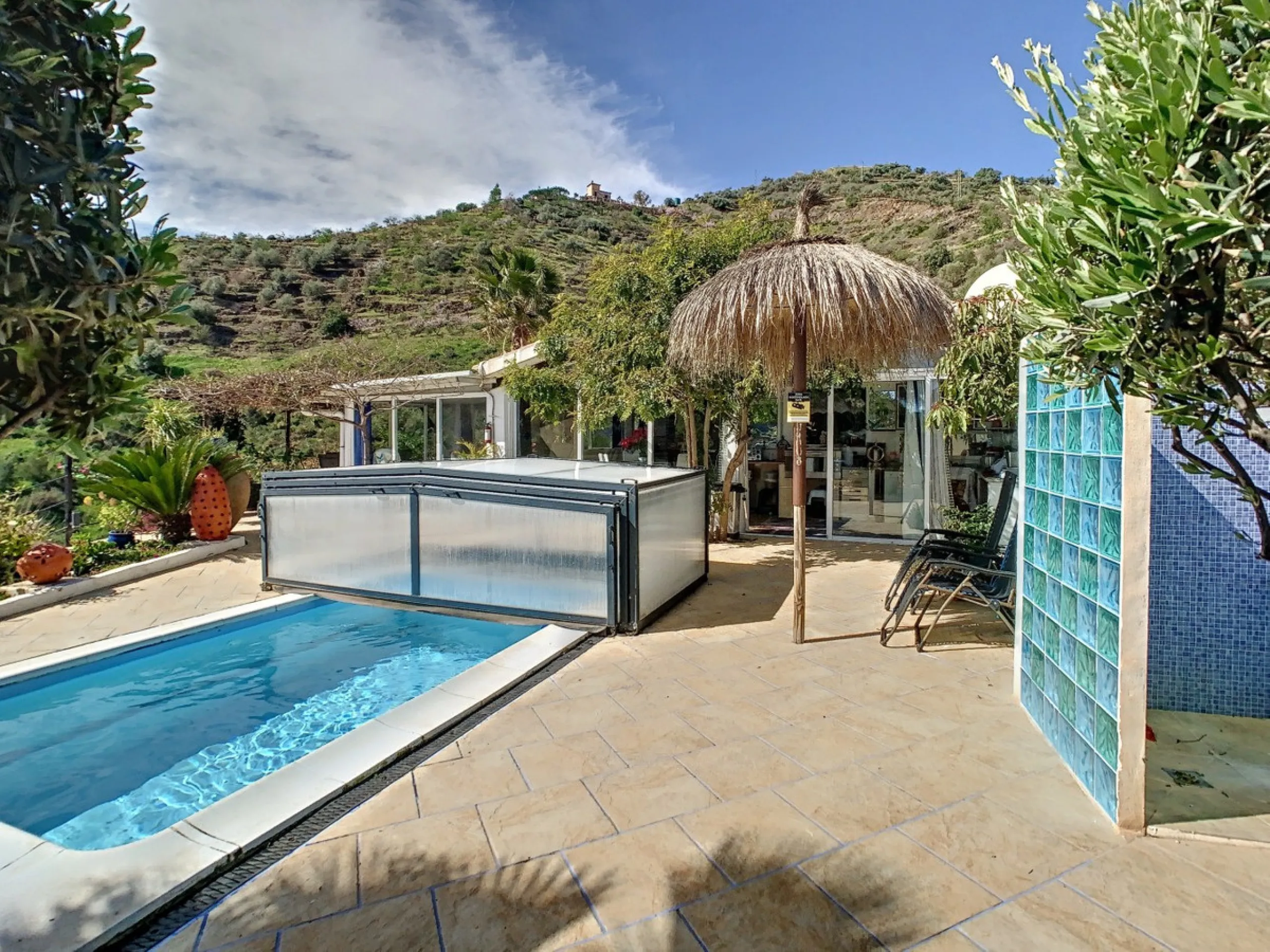 You are looking for a large villa with a heated swimming pool, neatly hidden nearly at the top of a mountain, surrounded by nature with breath-taking views of the valley up to the sea and the village of Arenas? This might just be what you are looking for.