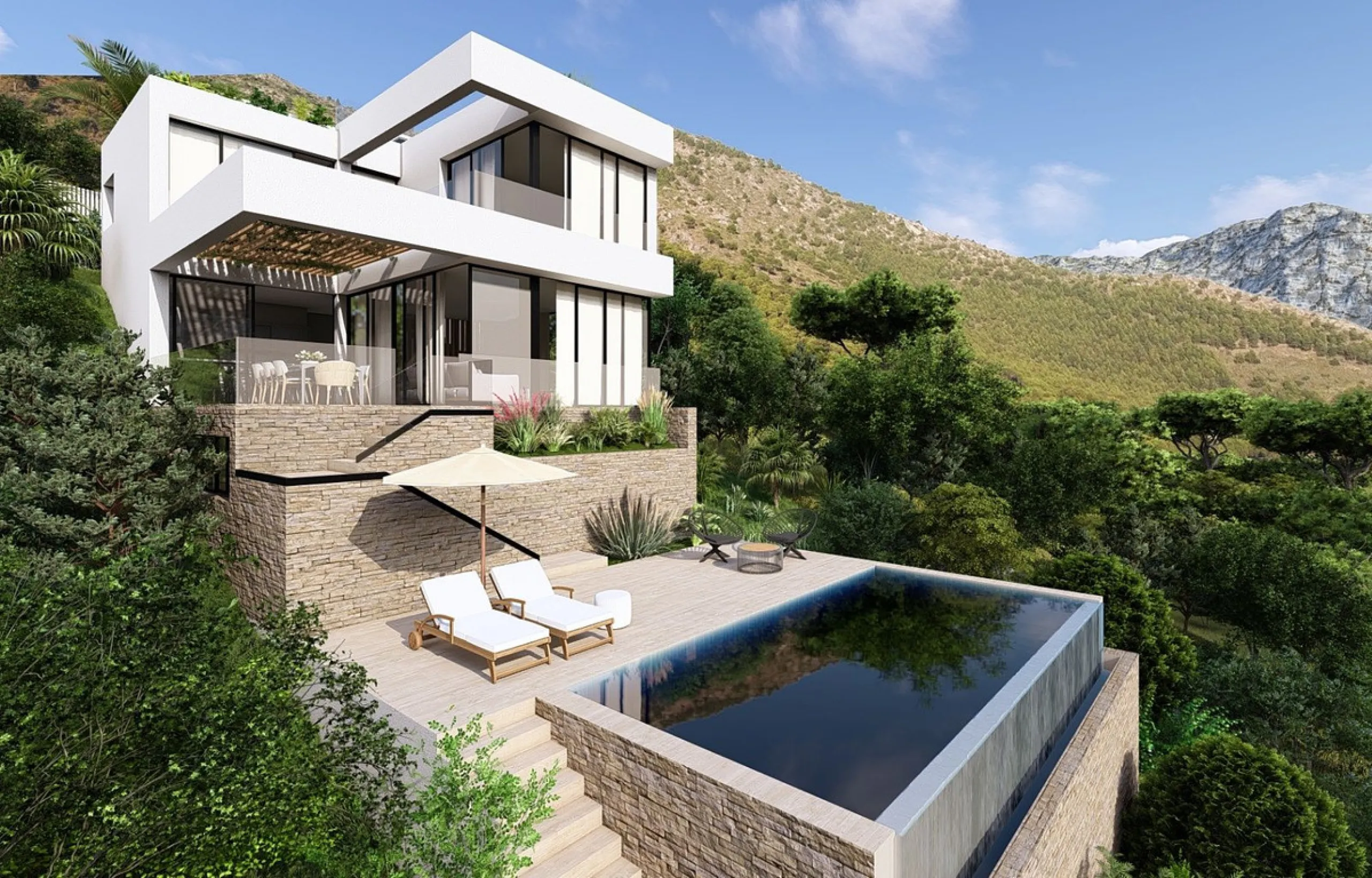 This contemporary villa offers stunning open sea views and a great location in Buenavista, just a short drive to Benalmadena, Fuengirola and the beaches. The design of the villa connects the living spaces with the terraces, creating wonderful indoor-outdo